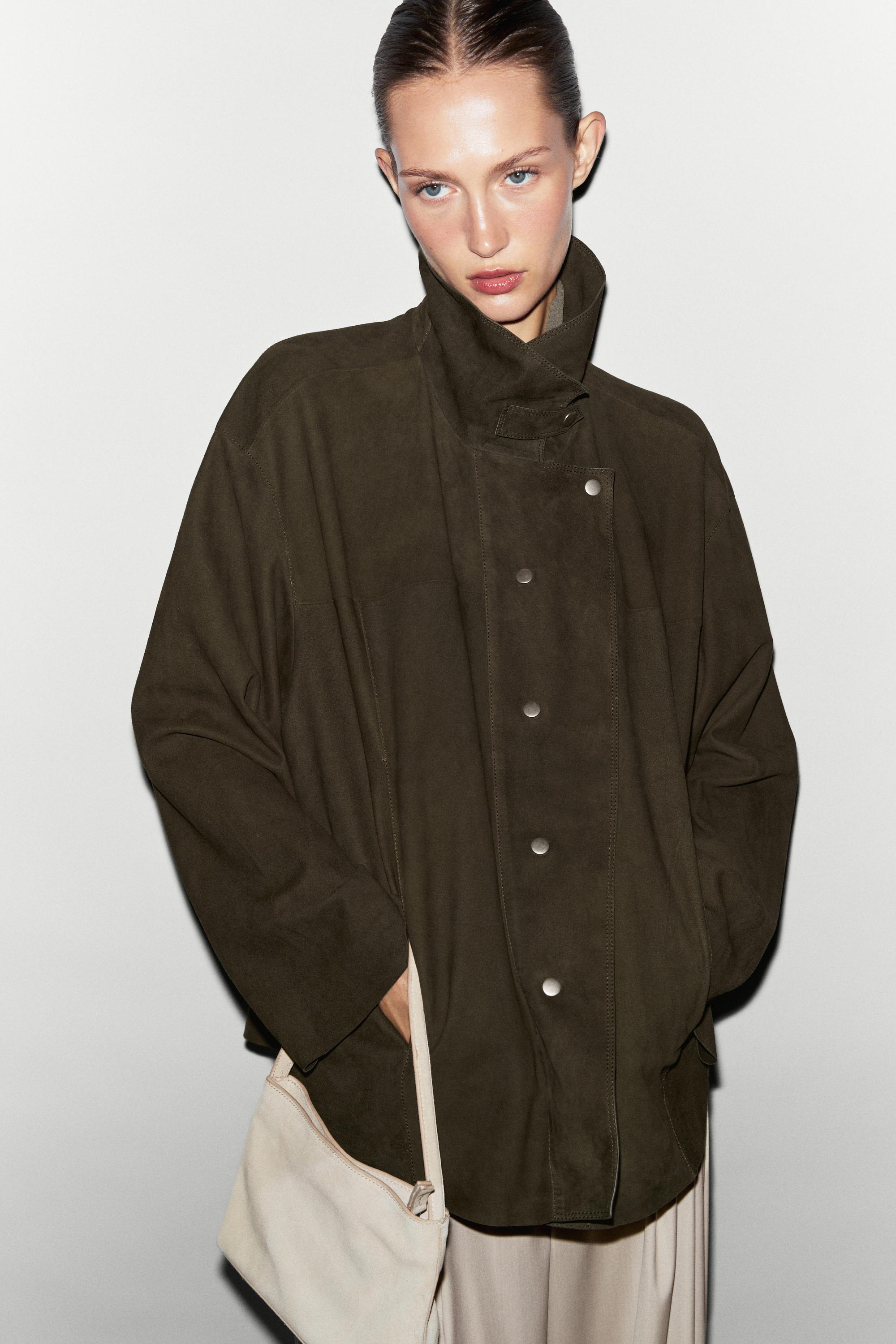 High-neck faux suede jacket — KHAKI