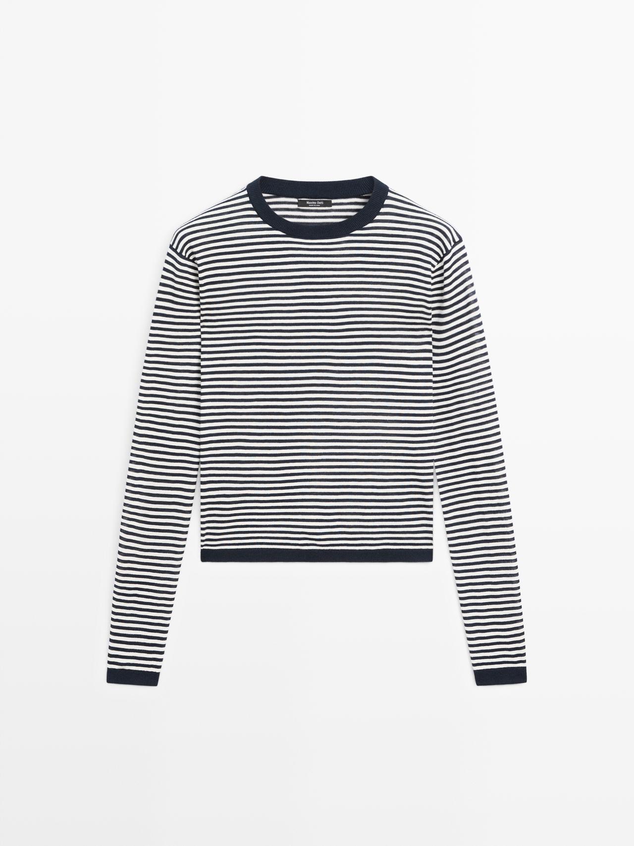 Massimo Dutti - Dame - Stribet Trøje I Bomulds- Og Silkeblanding - Marineblå - M