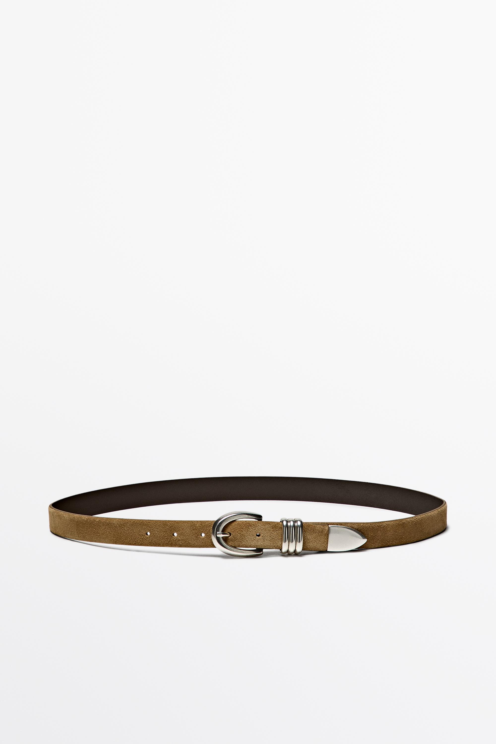 Split suede leather belt with metal detail — SAND