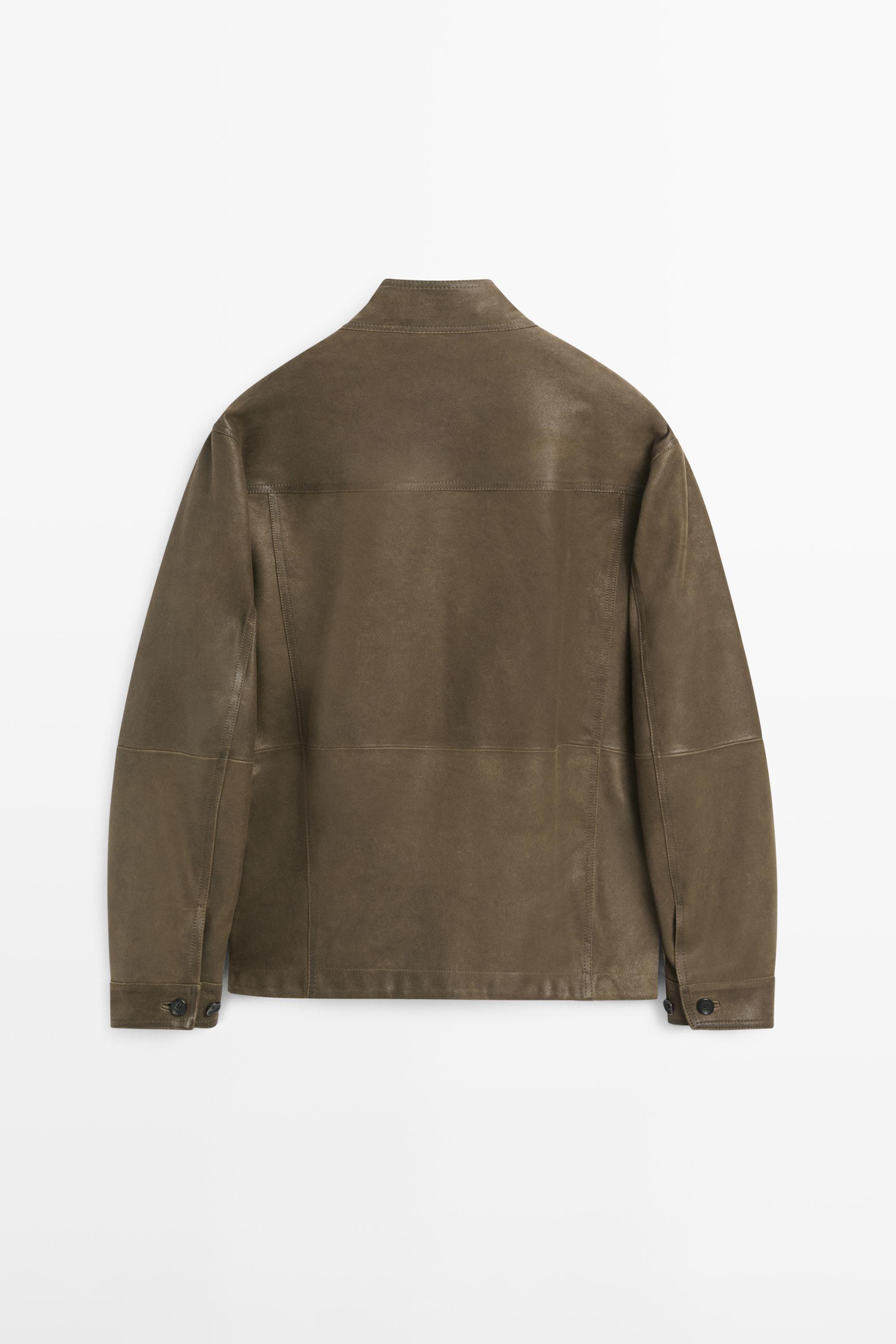Distressed-effect goatskin leather jacket — KHAKI