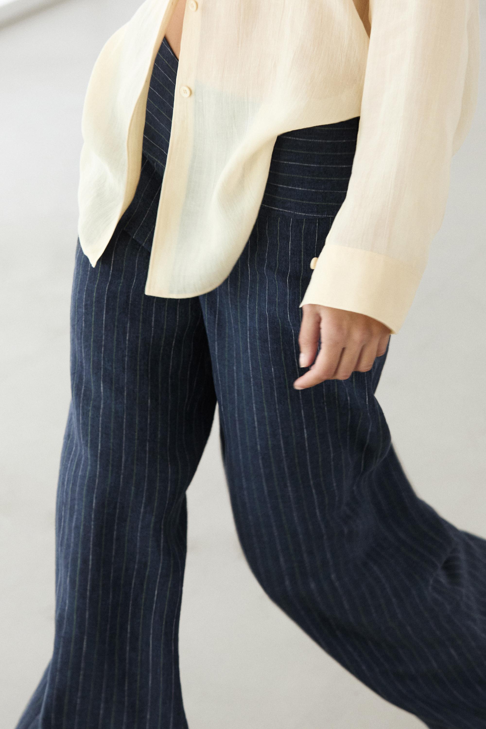 100% linen mid-waist flare pants — NAVY BLUE