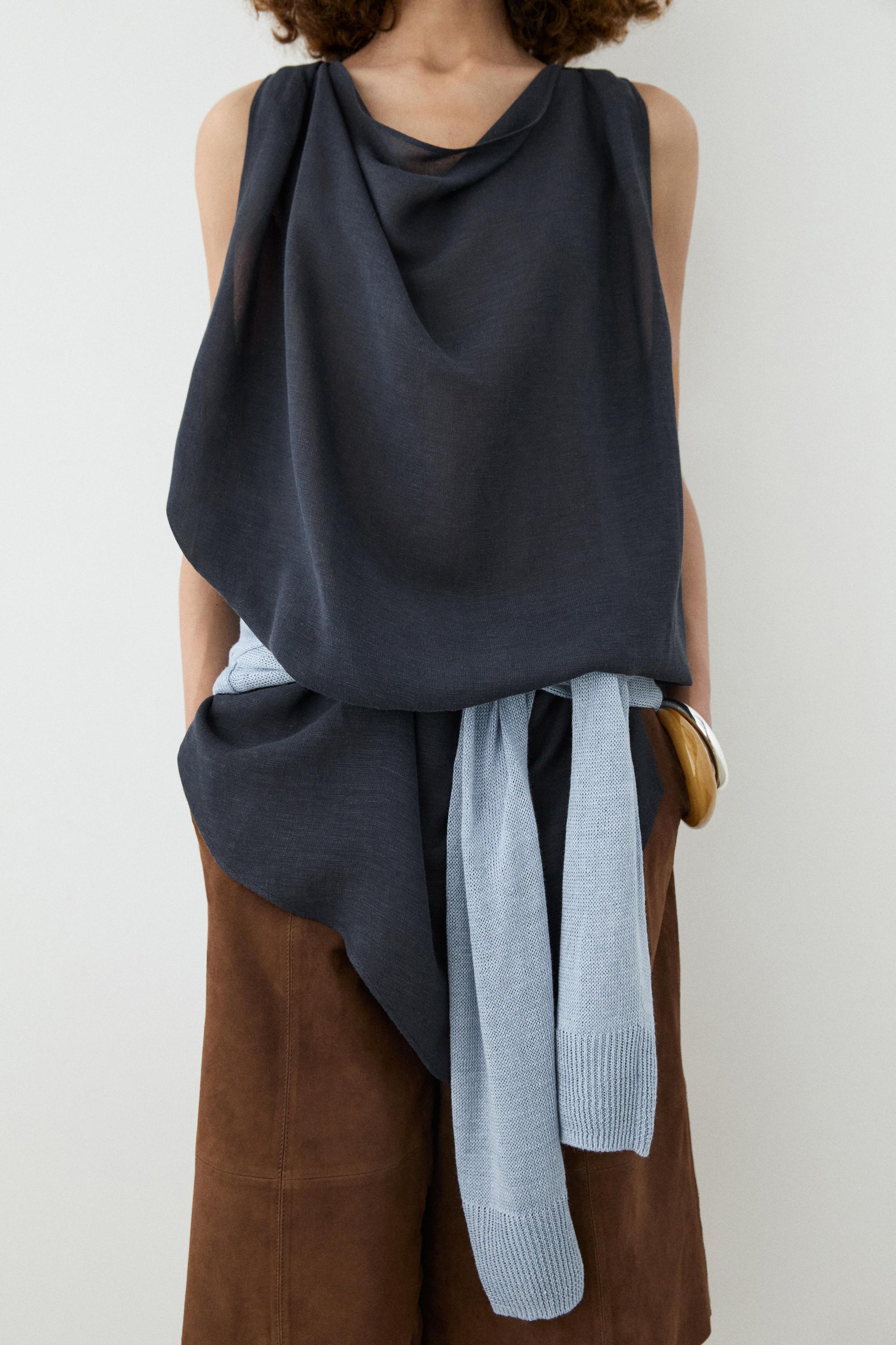 Asymmetric linen blend top — DARK BLUE