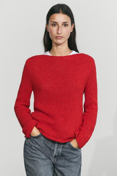 Cotton blend knit boat neck sweater — RED 3