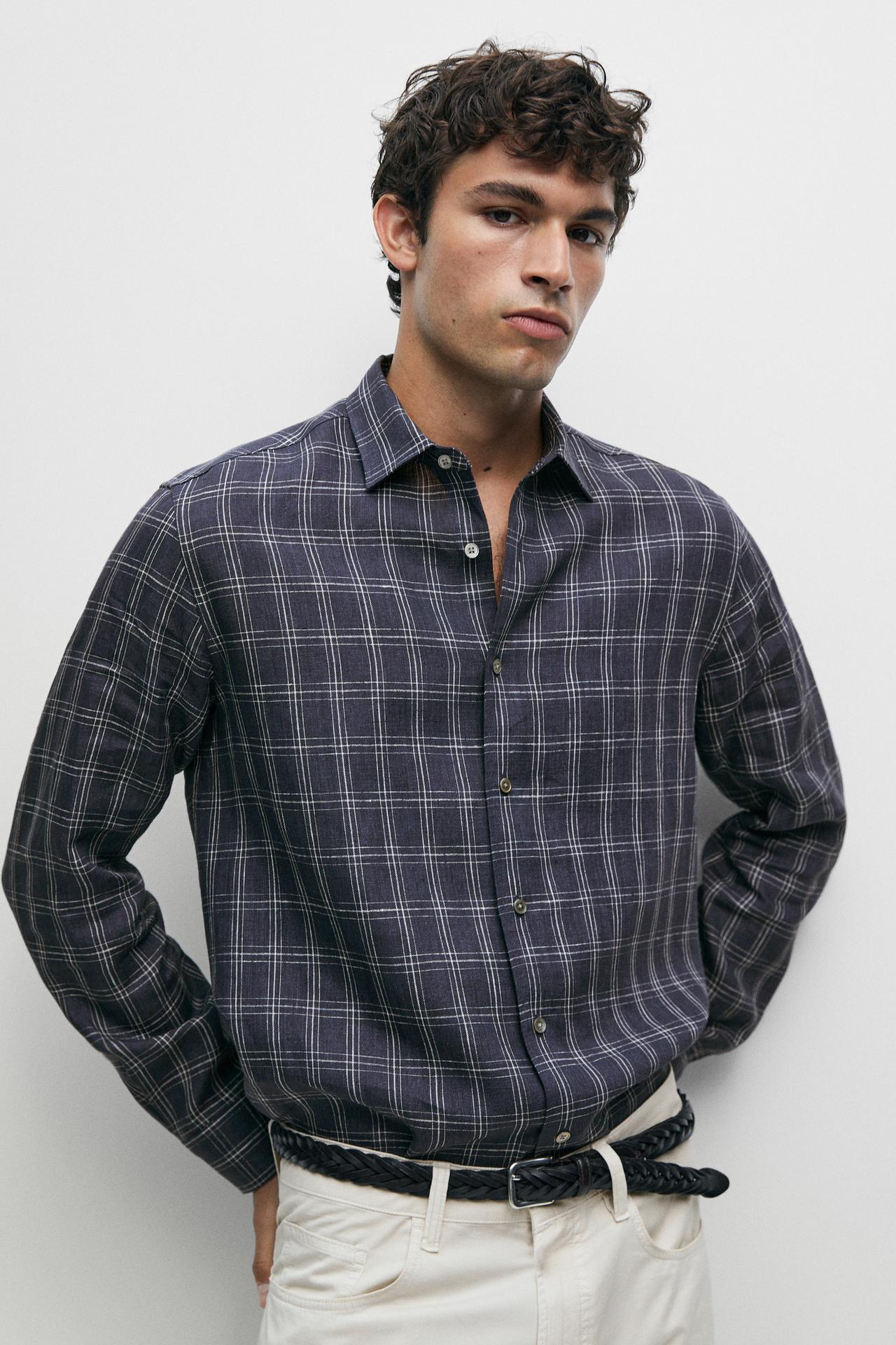 100% linen relaxed fit check shirt — BLUE