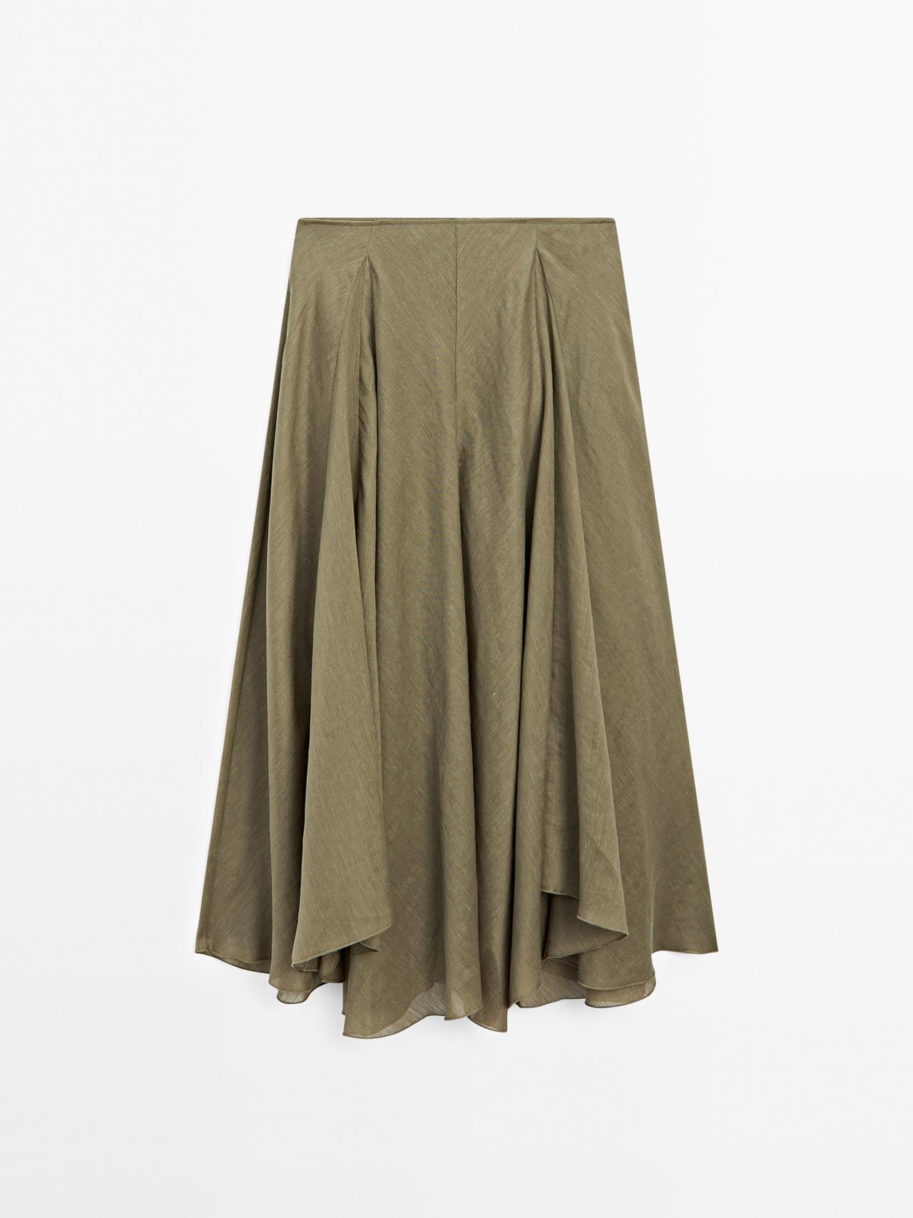Massimo Dutti - Dame - Midinederdel I Hørblanding Med Svaj - Grøn - 36