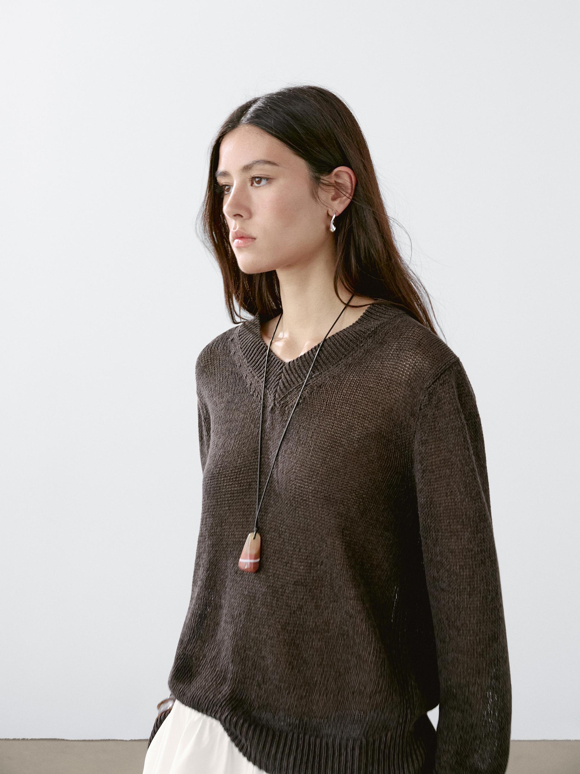 Pull Col V Coton Mélangé - Chocolat - Xs - Massimo Dutti - Femme