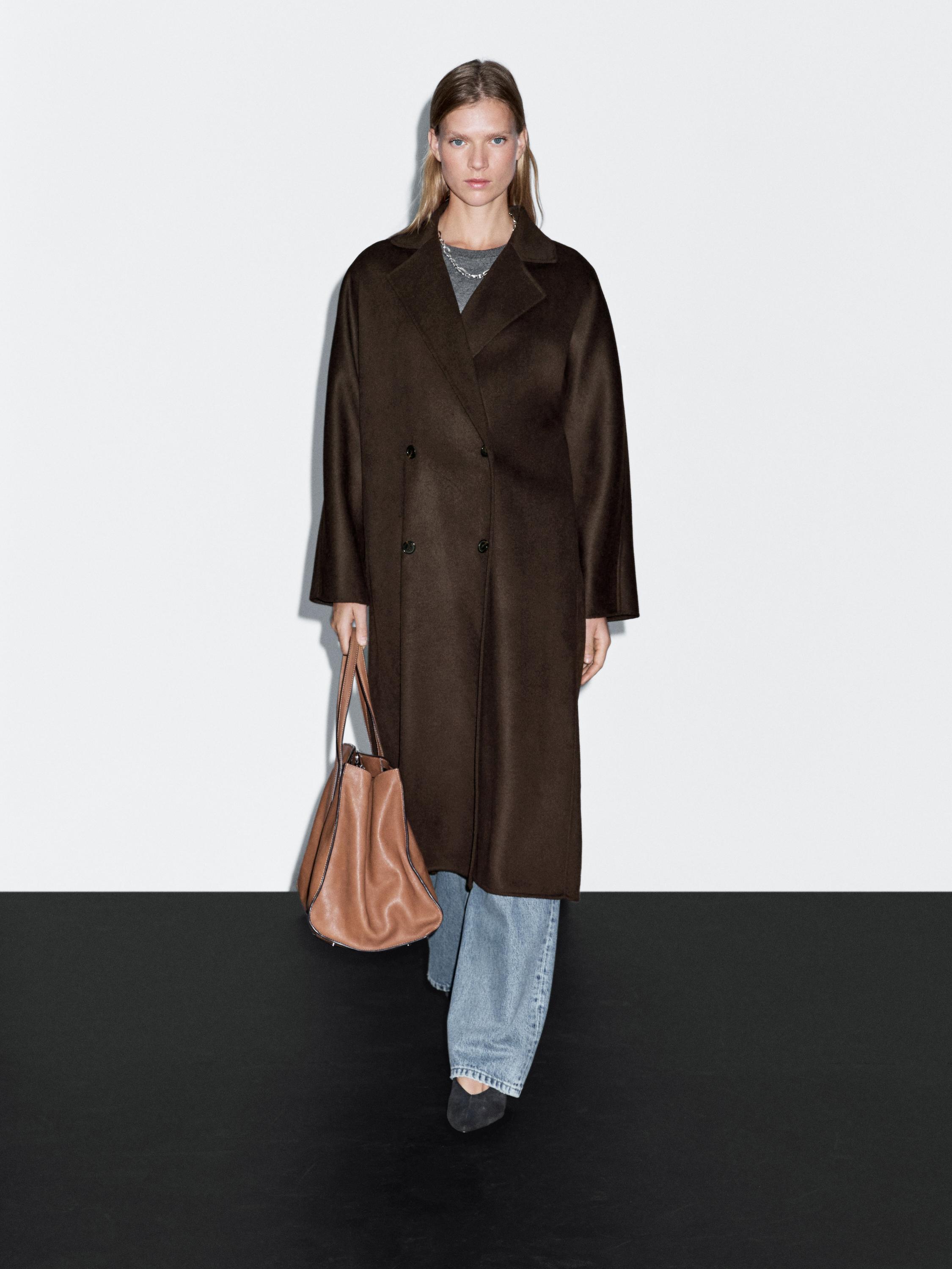 Manteau long croisé laine