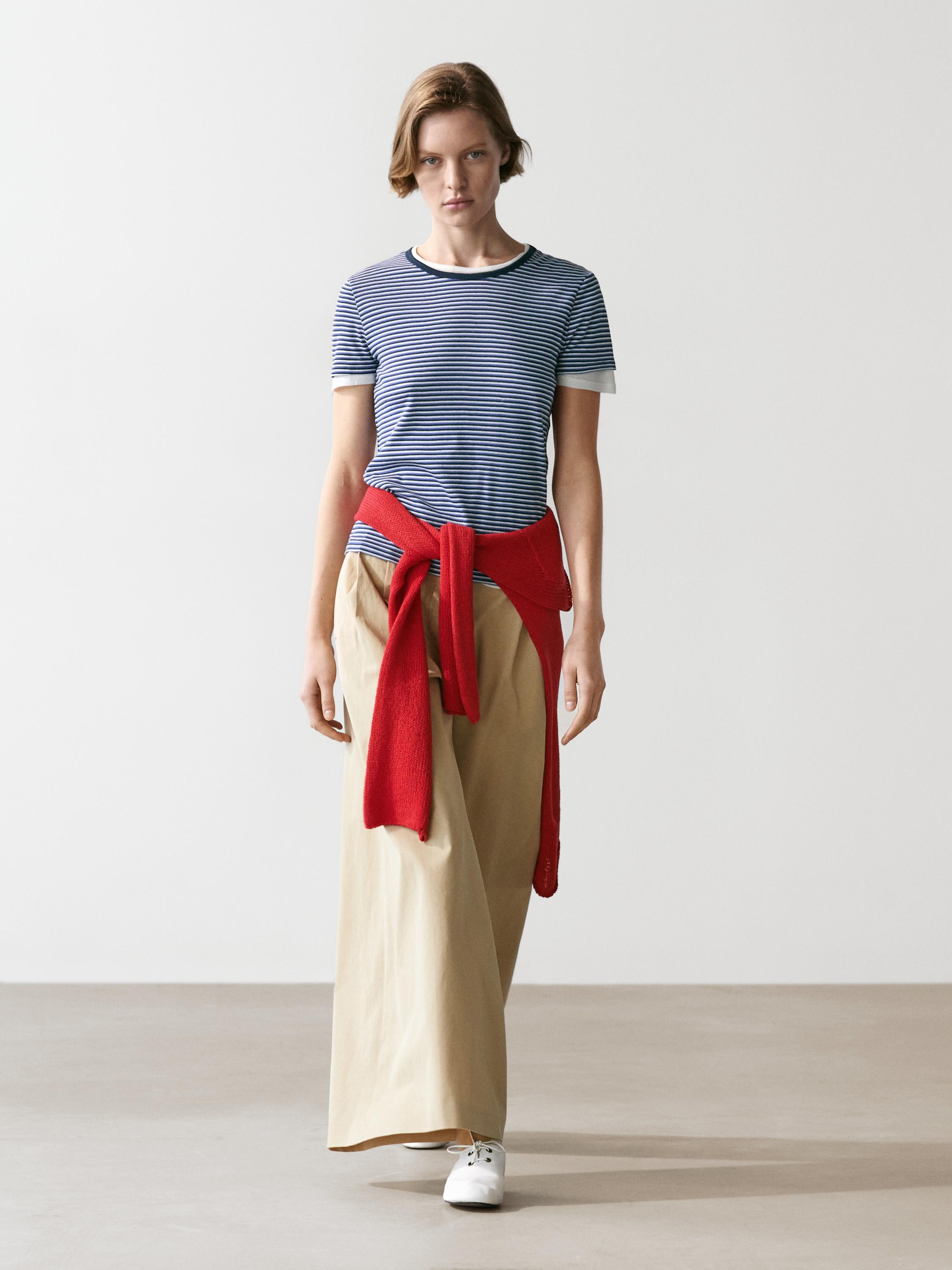 Striped double-layer T-shirt with short sleeves — BLUE