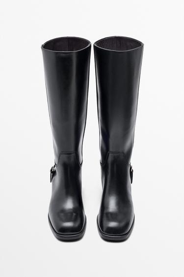 Flat leather boots with side buckle — BLACK 5