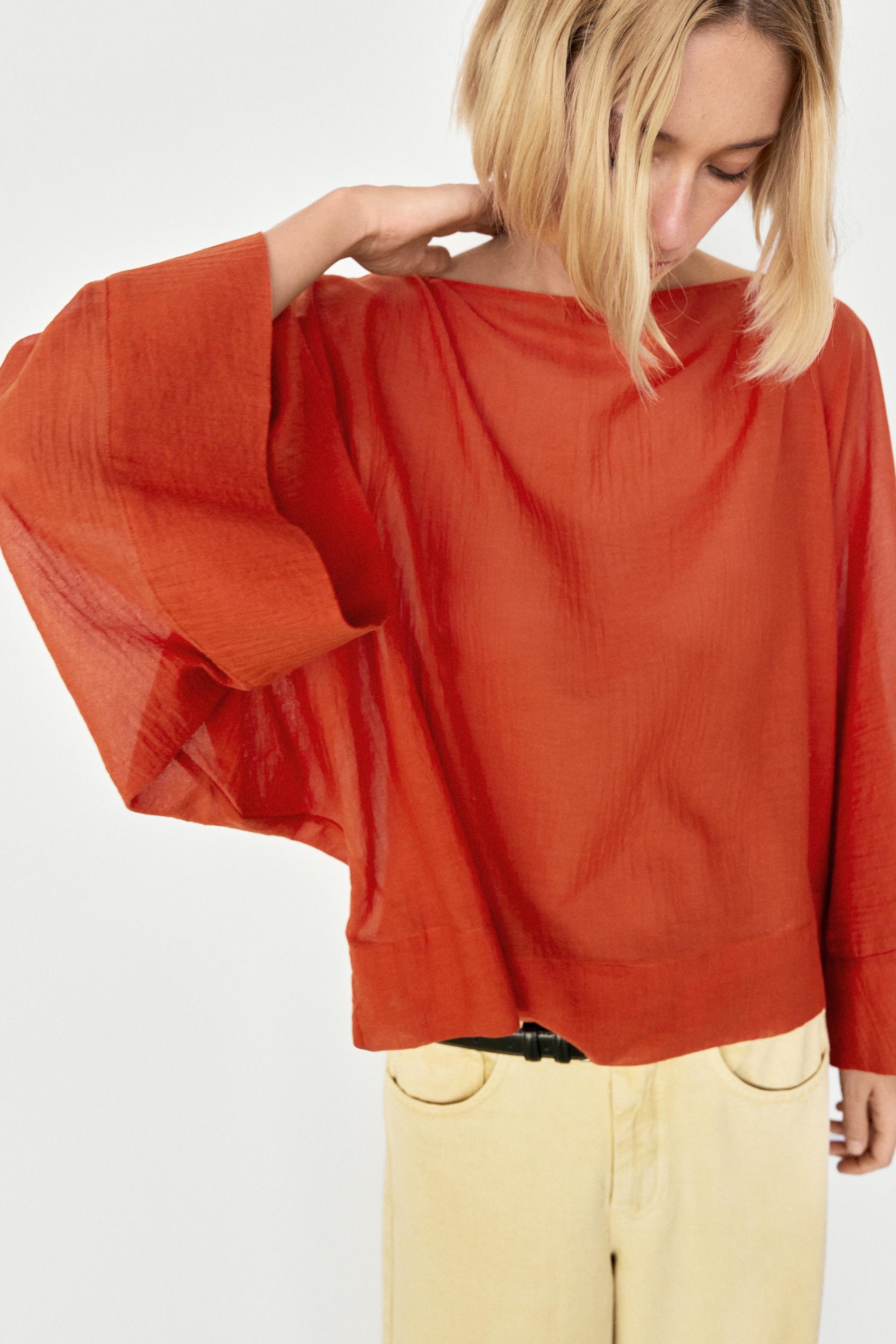 Flowing 100% cotton shirt with voluminous sleeves — BURNT ORANGE