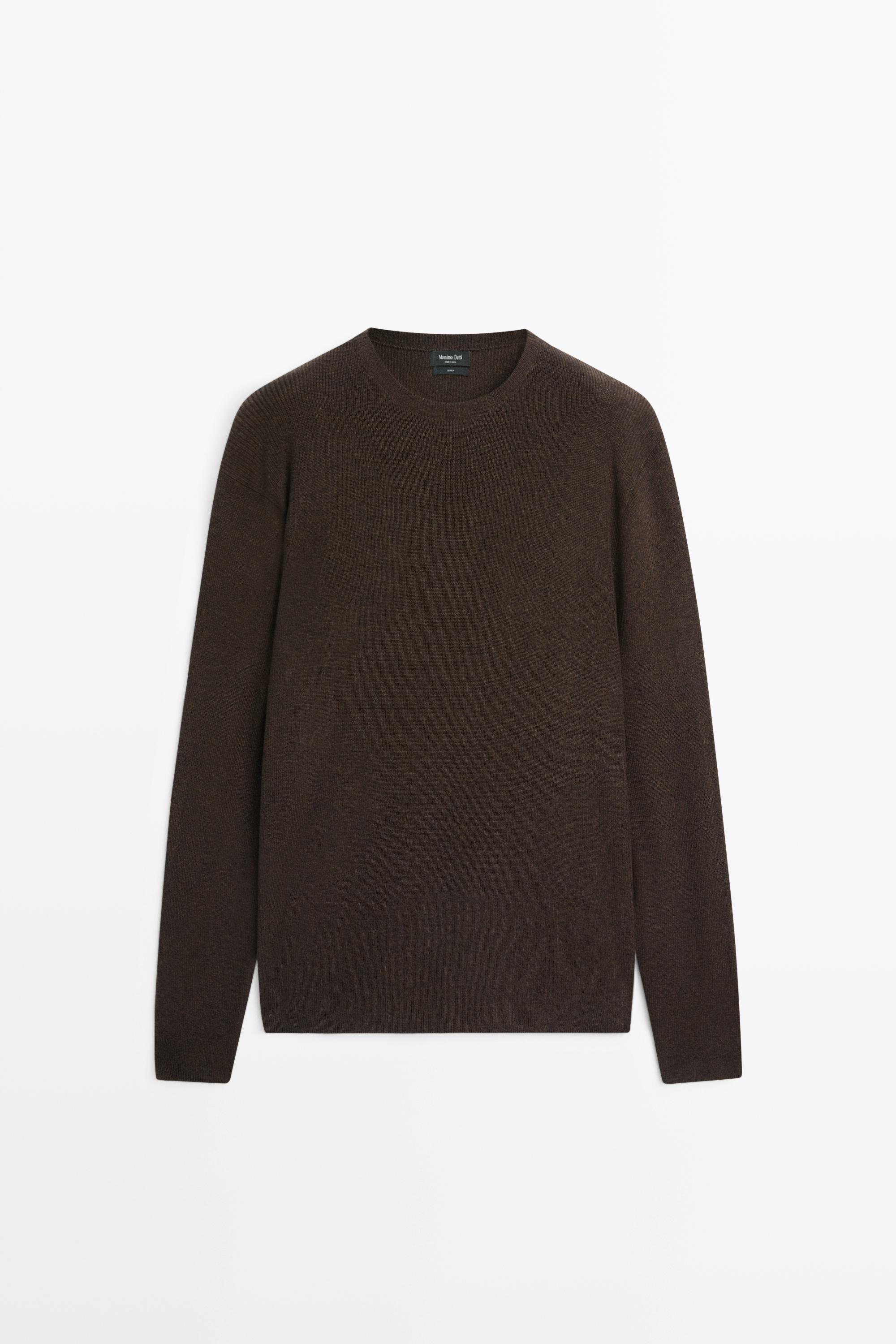 100% cotton mouliné round neck sweater — BROWN