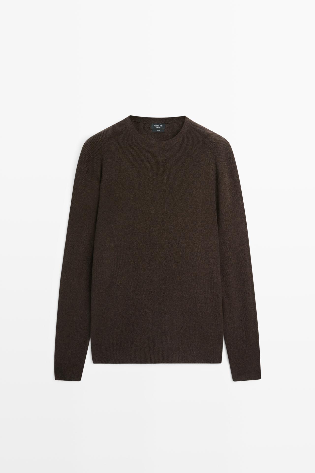 100% cotton mouliné round neck sweater — BROWN