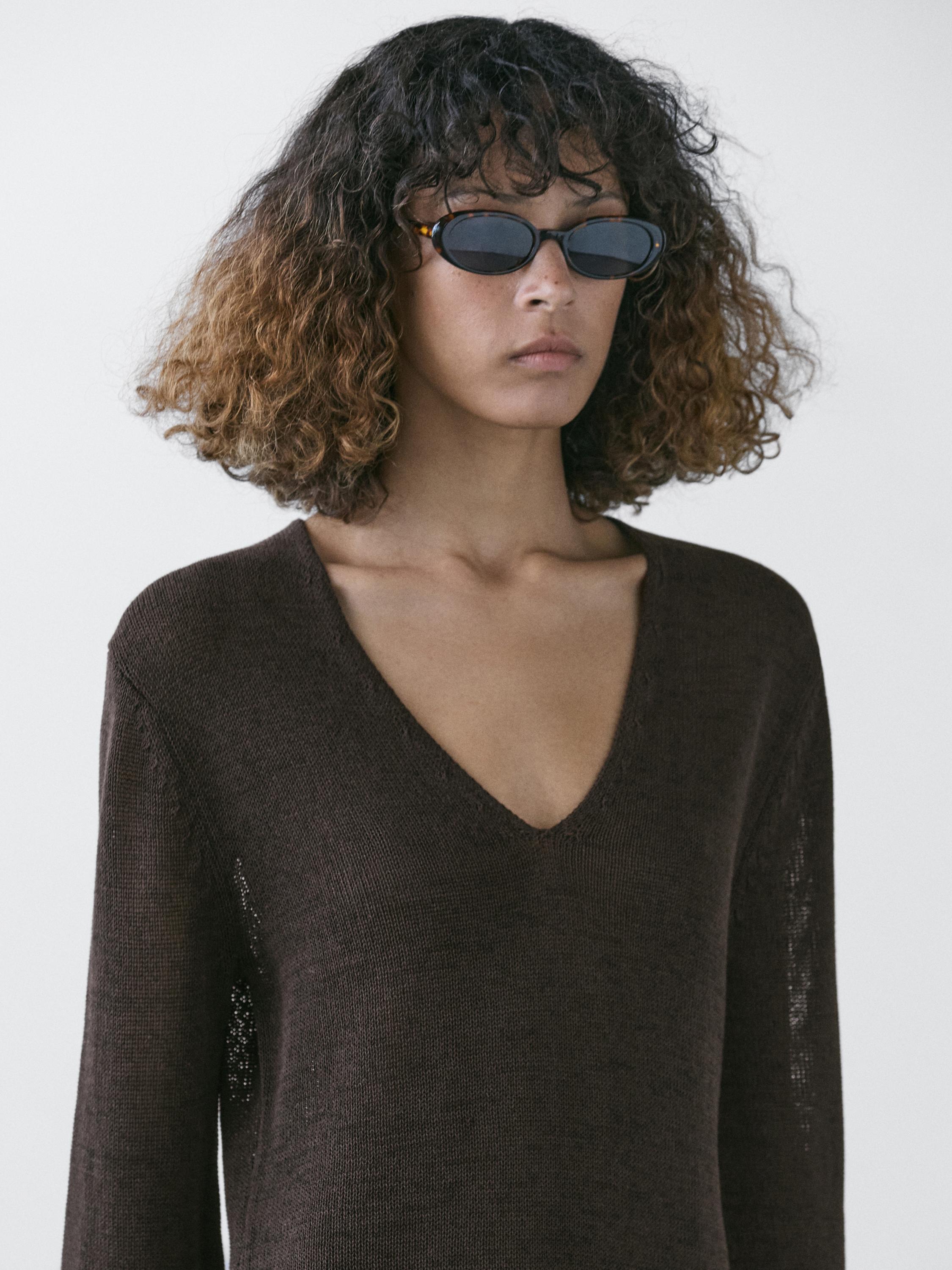 Contrast cotton blend knit dress — Reddish brown