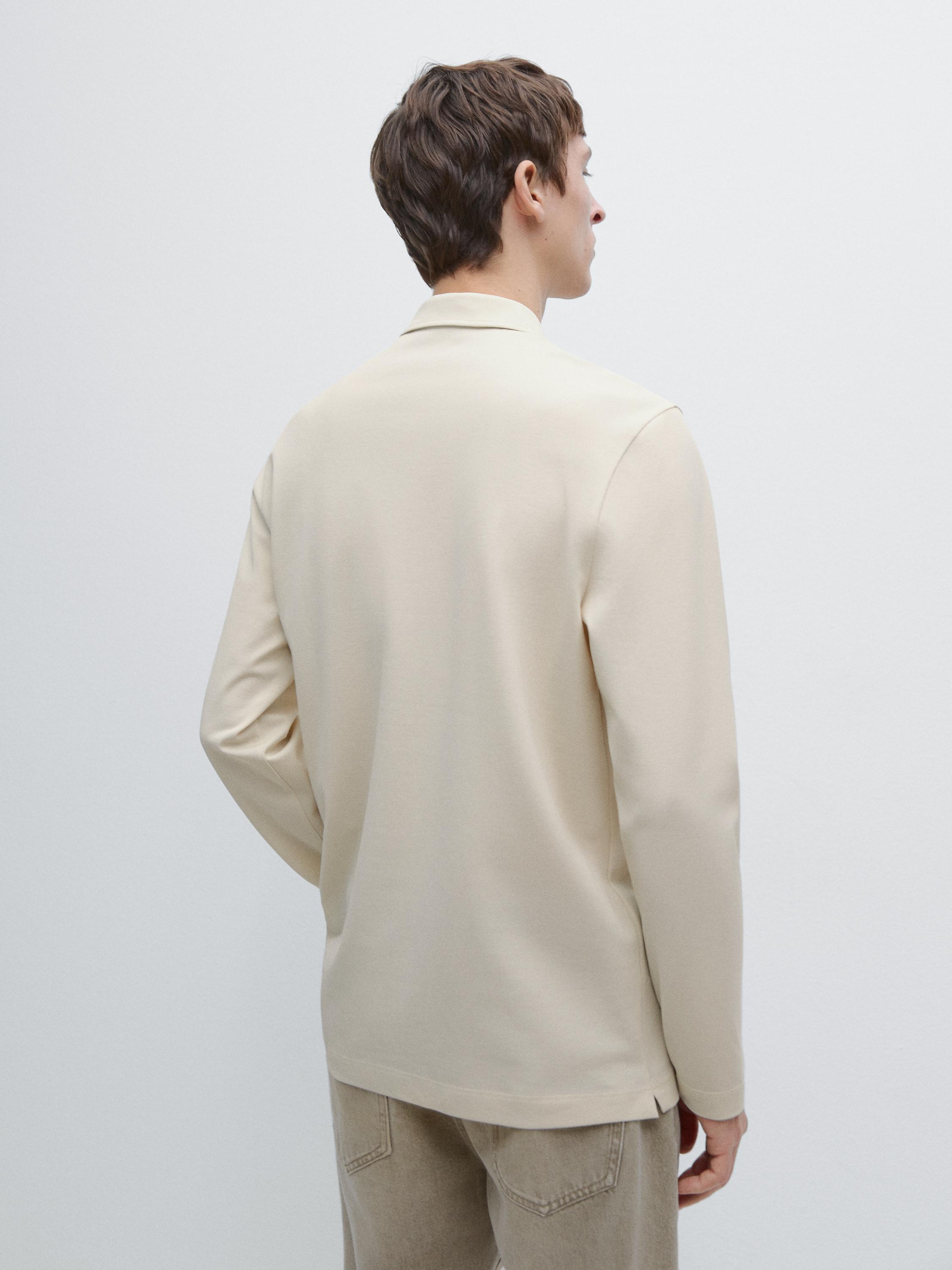 Long sleeve mercerised cotton piqué polo shirt — IVORY