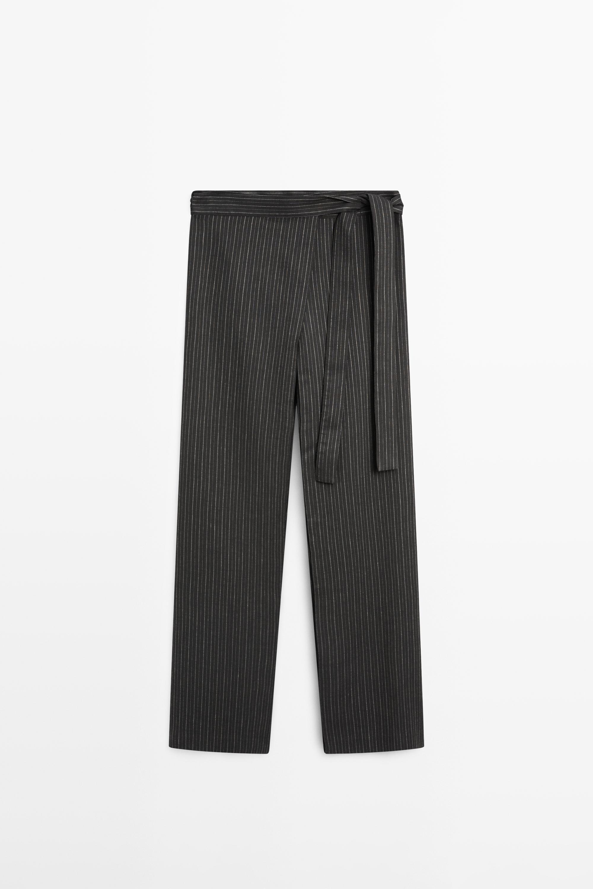 Striped trousers with wrap-style bow detail — BLACK