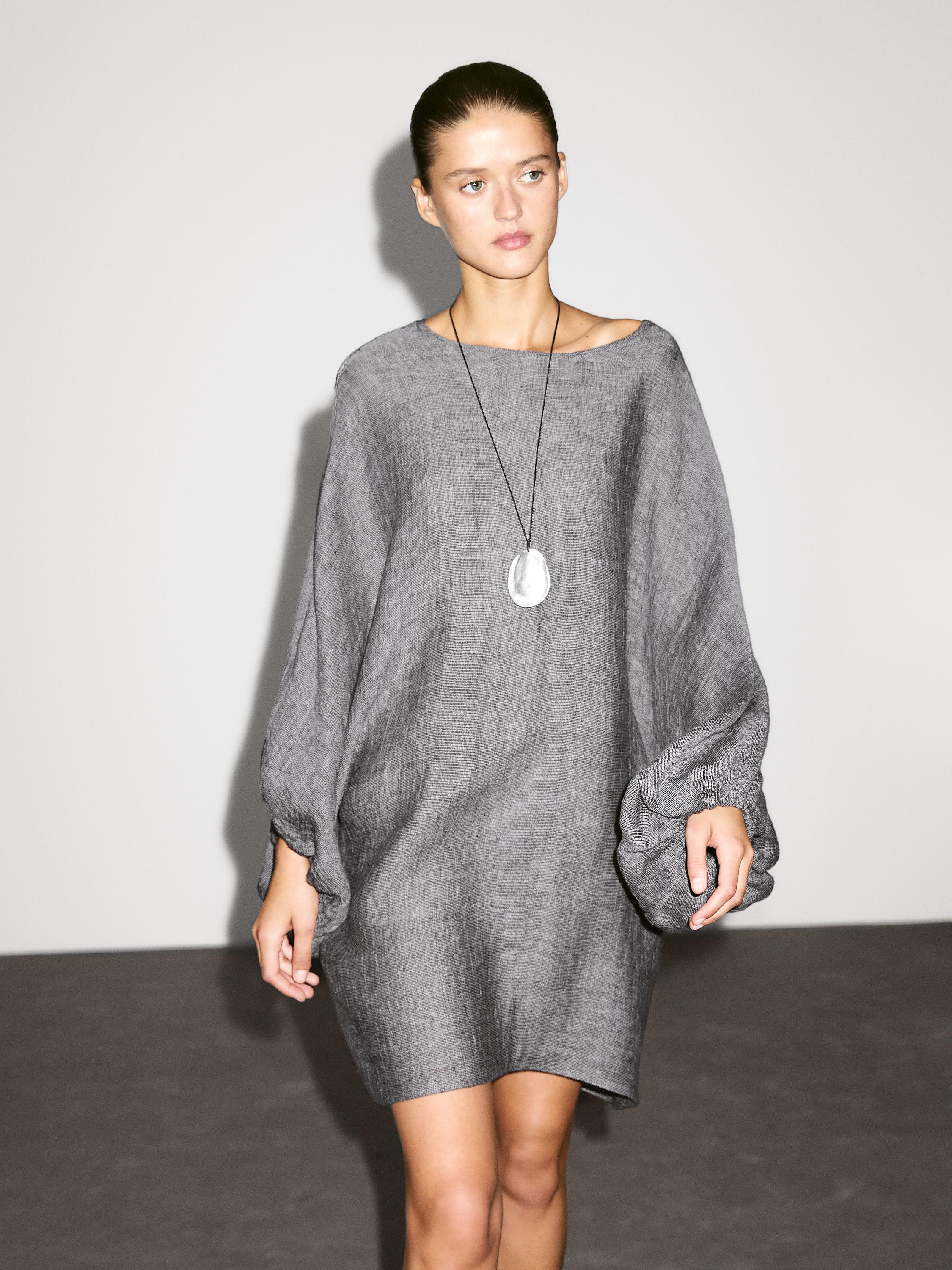 100% linen short dress with sleeve detail