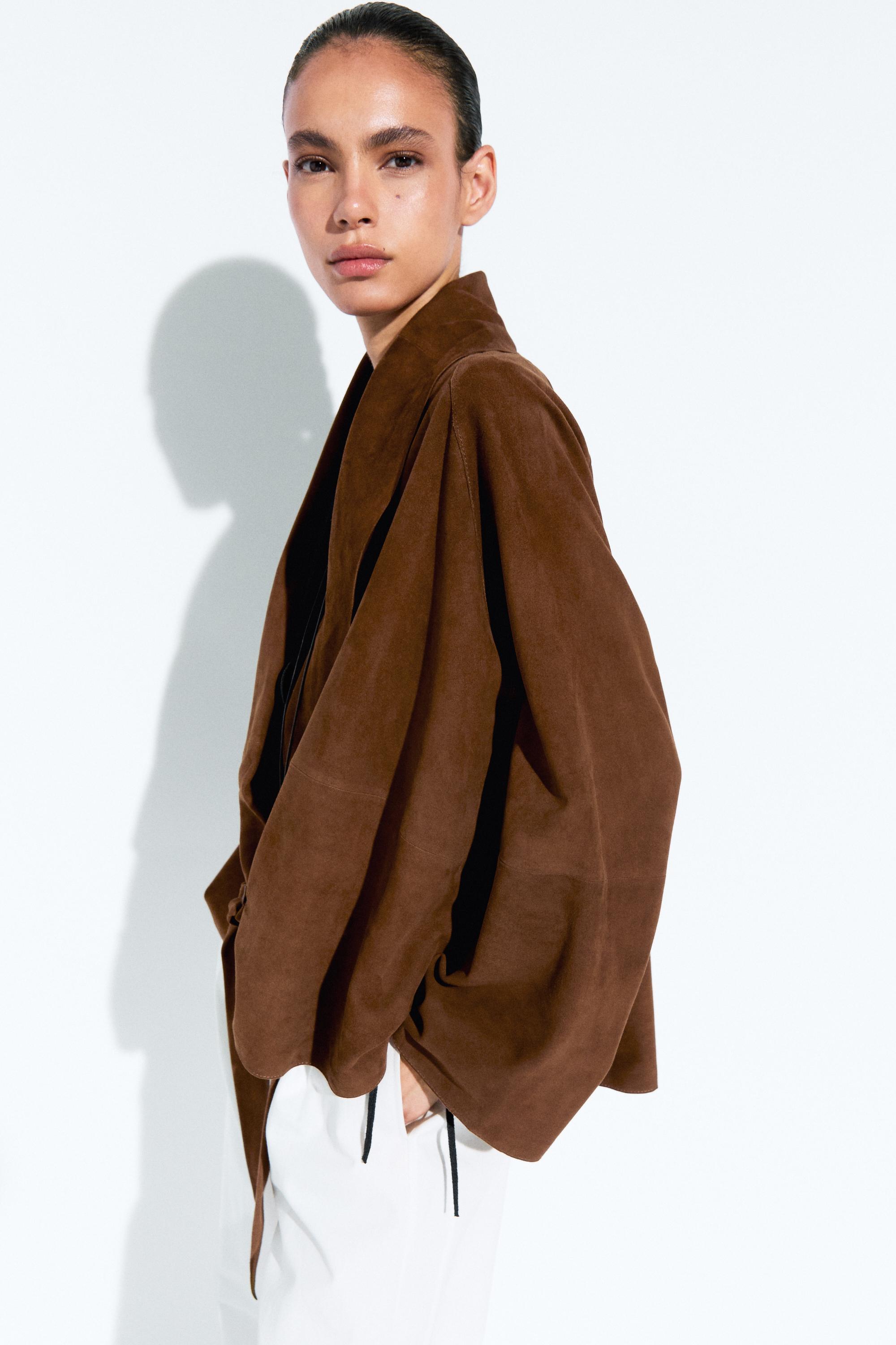 Suede leather wrap kimono — BROWN