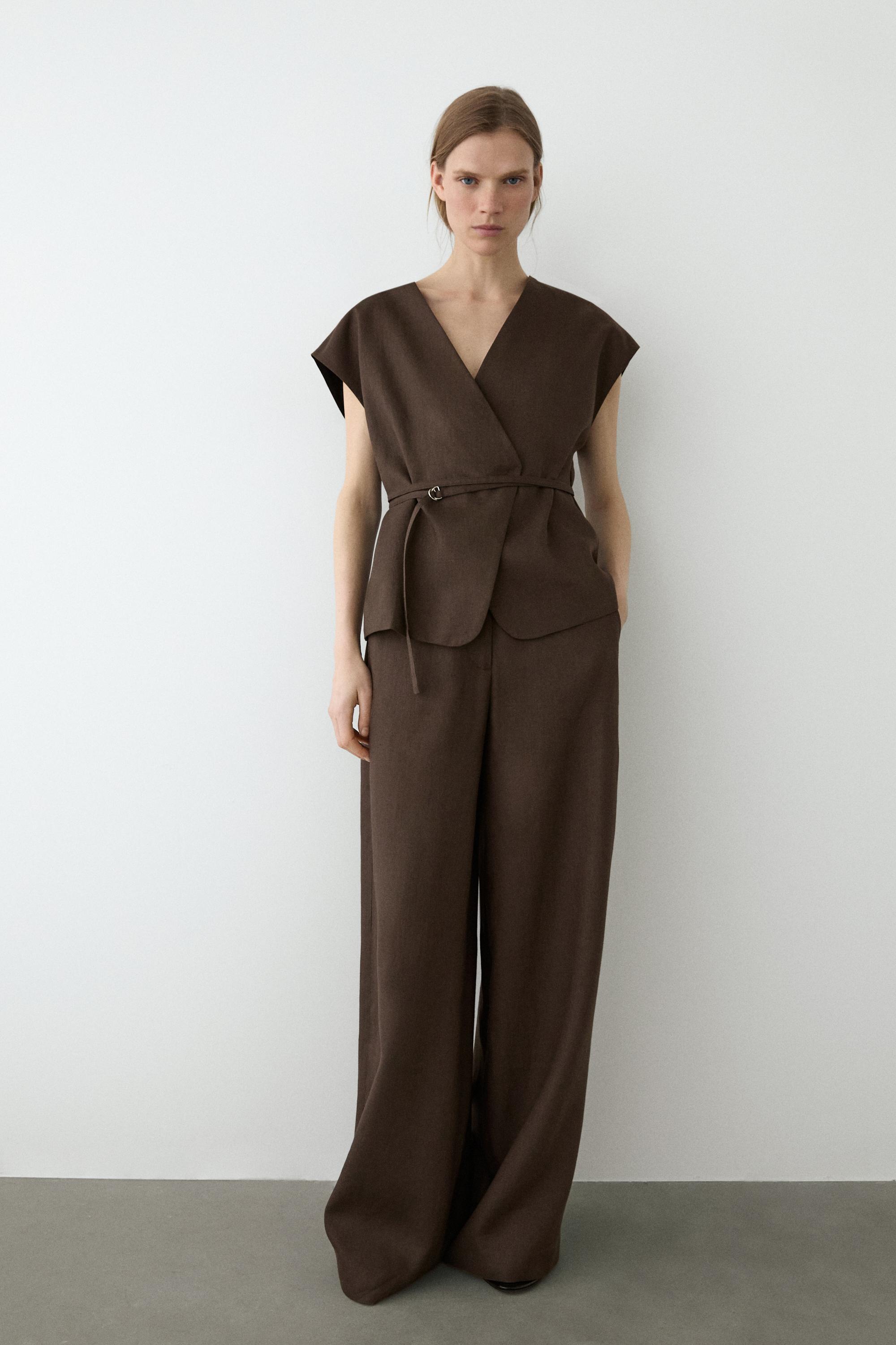 Linen blend waistcoat with wrap neckline — BROWN