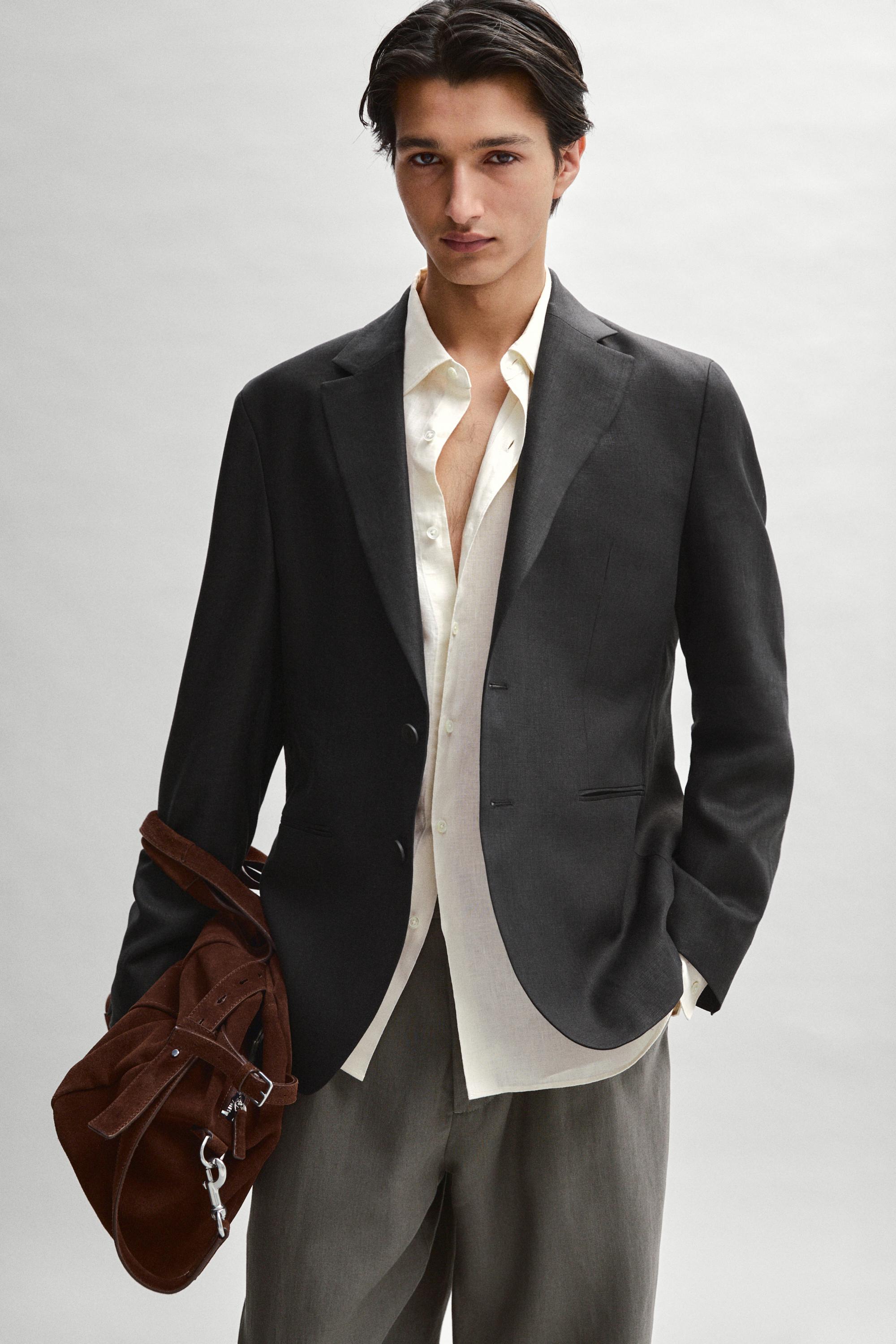 Tailored fit 100% linen suit blazer — BLACK