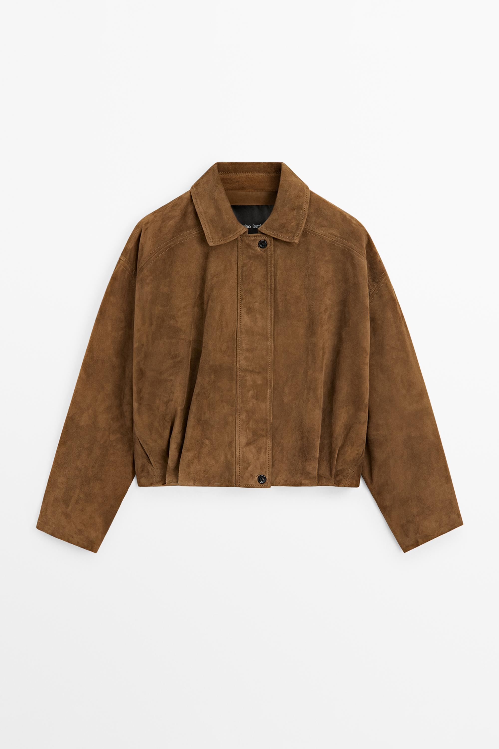 Short suede leather bomber jacket — BROWN