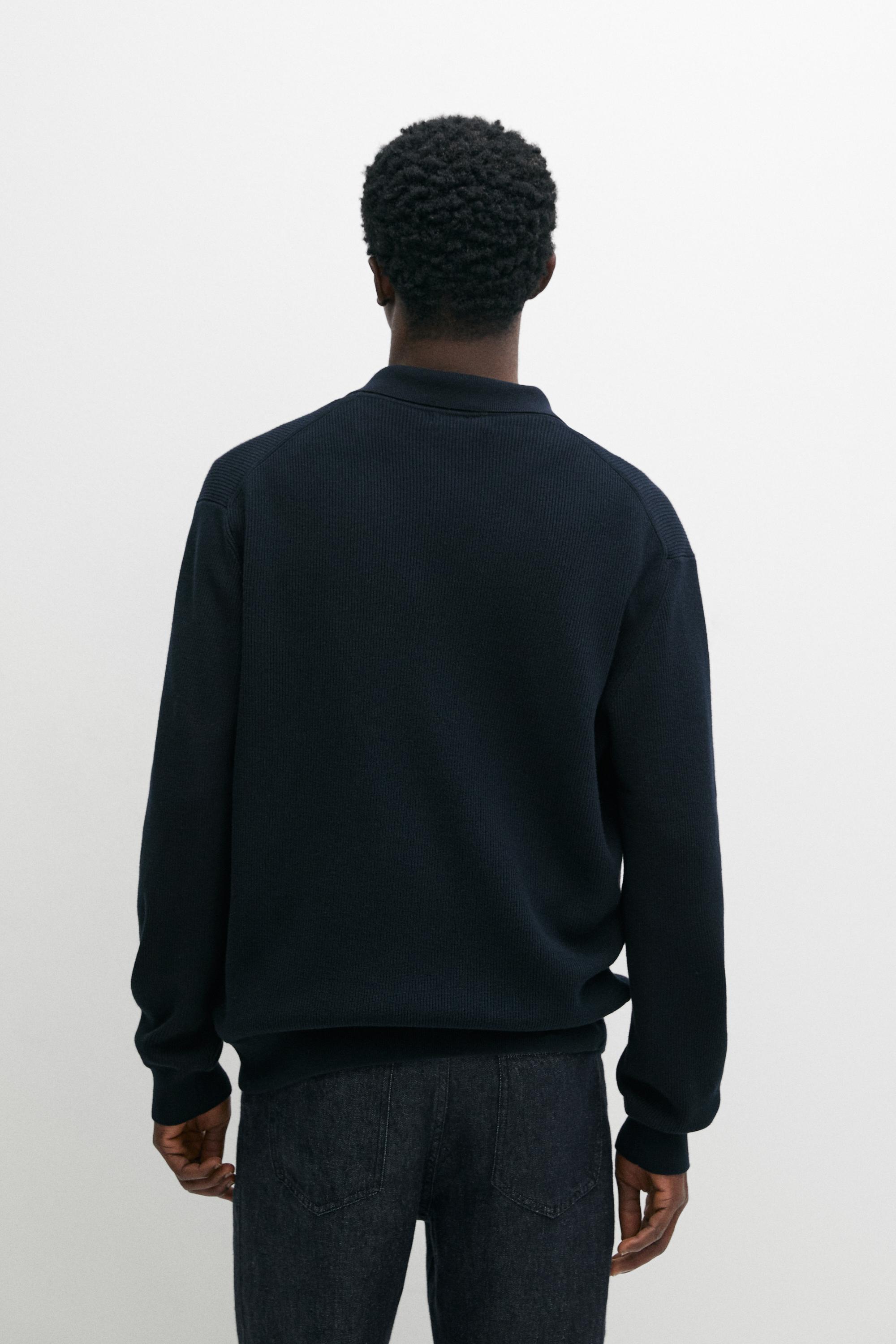 100% cotton polo collar knit cardigan — NAVY BLUE