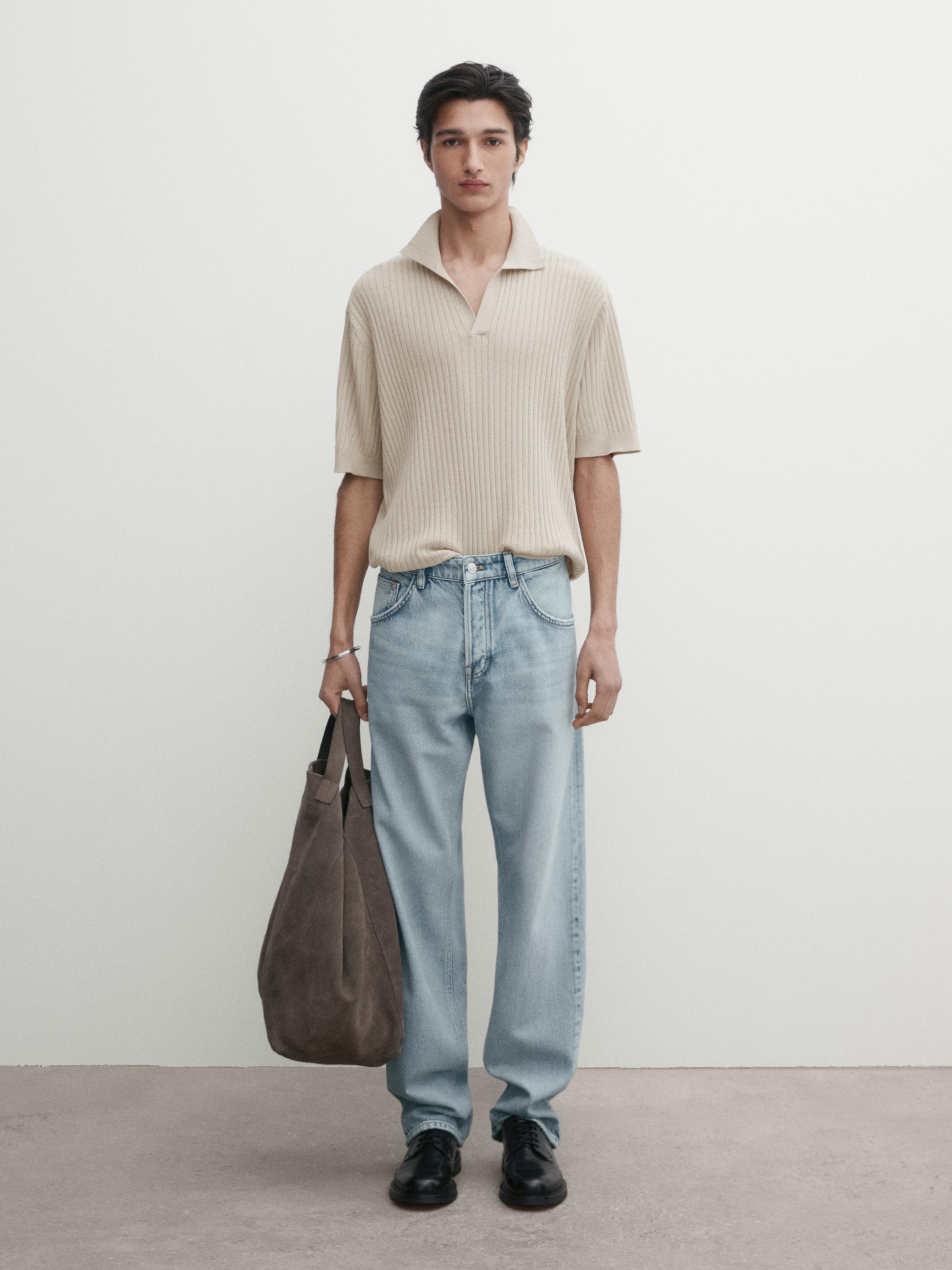 Polo en maille côtelée en coton mélangé avec du lin