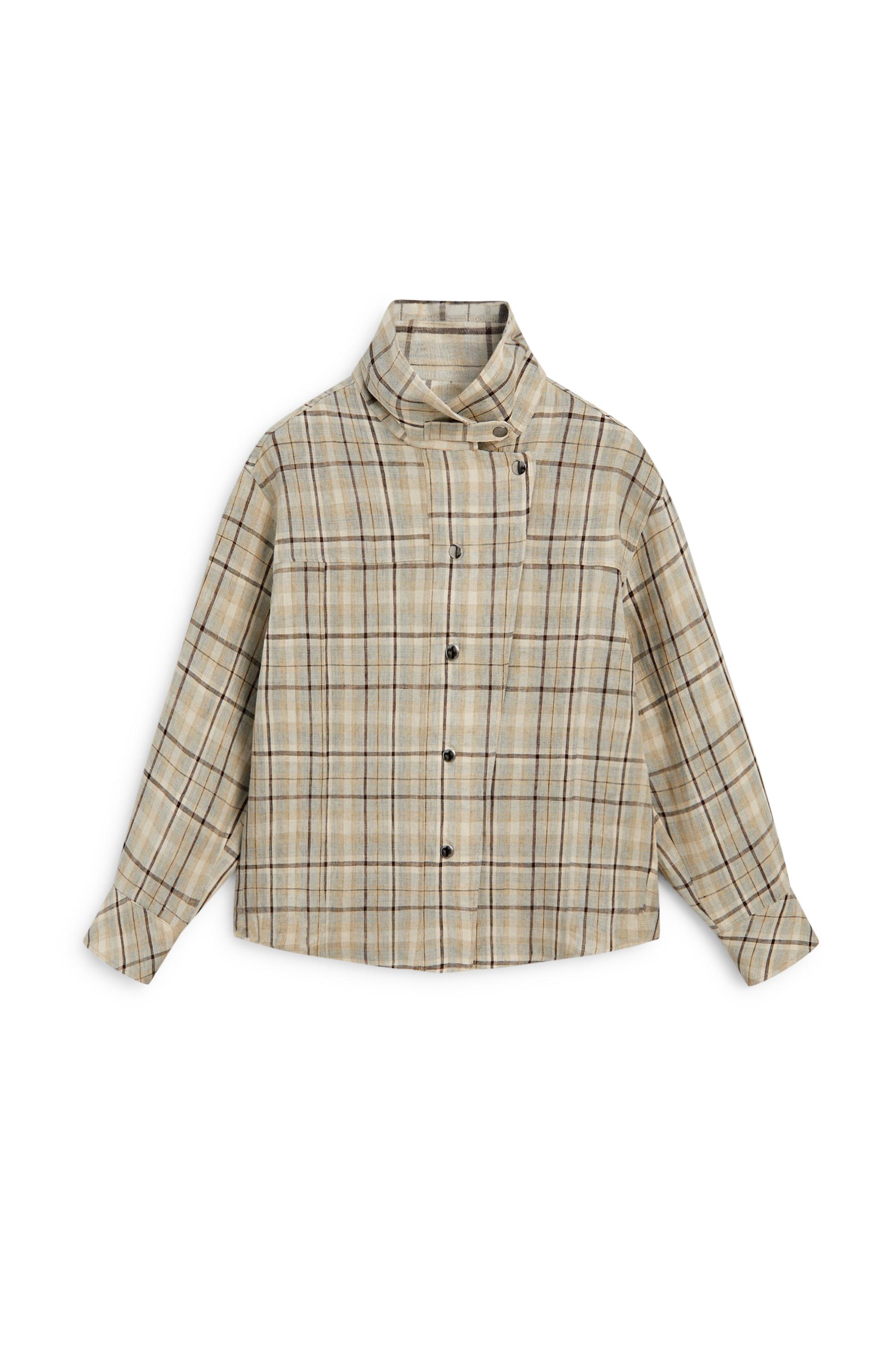 100% linen check snap button shirt — Light blue