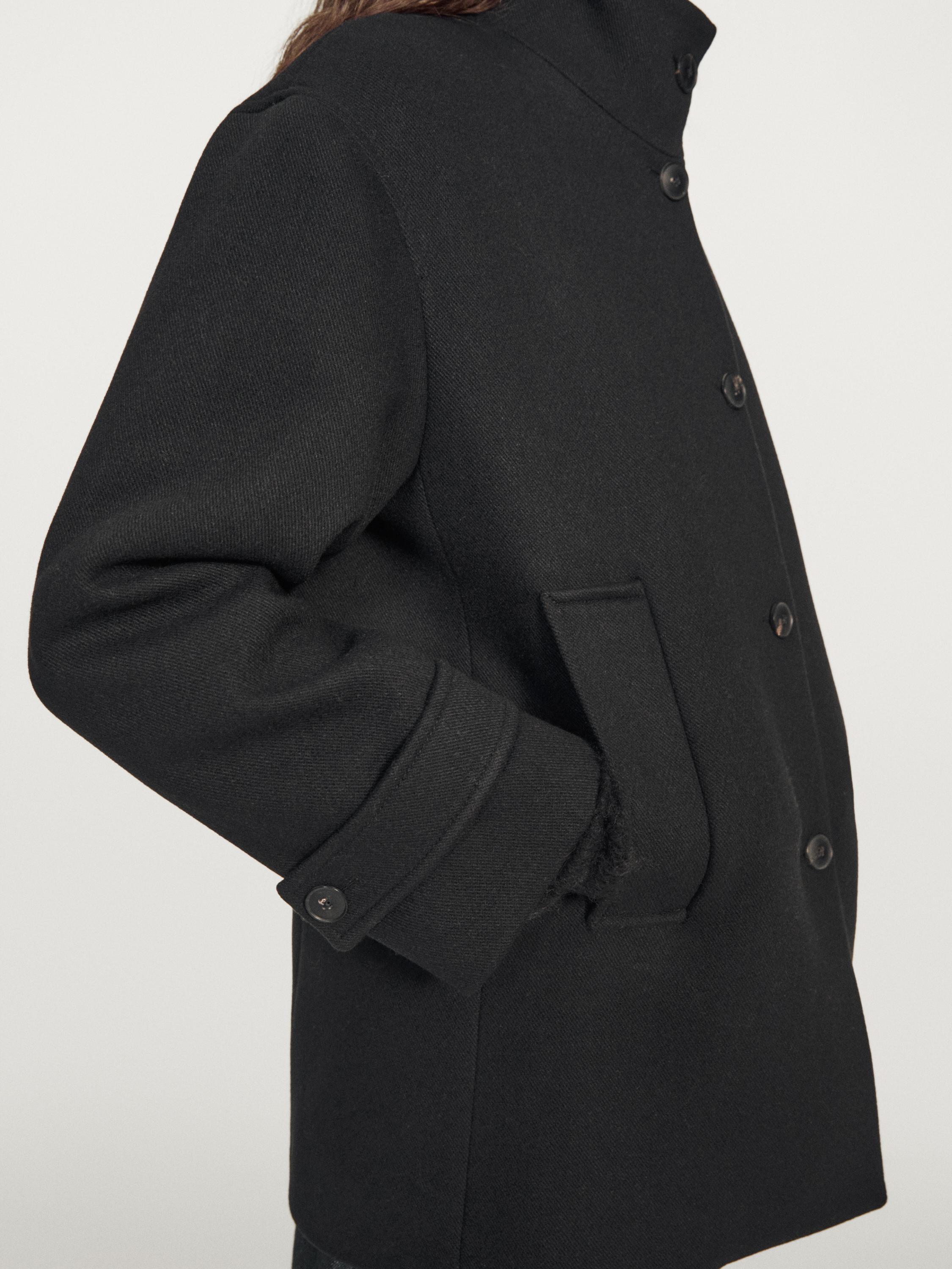 Wool blend high neck coat with button fastening — BLACK