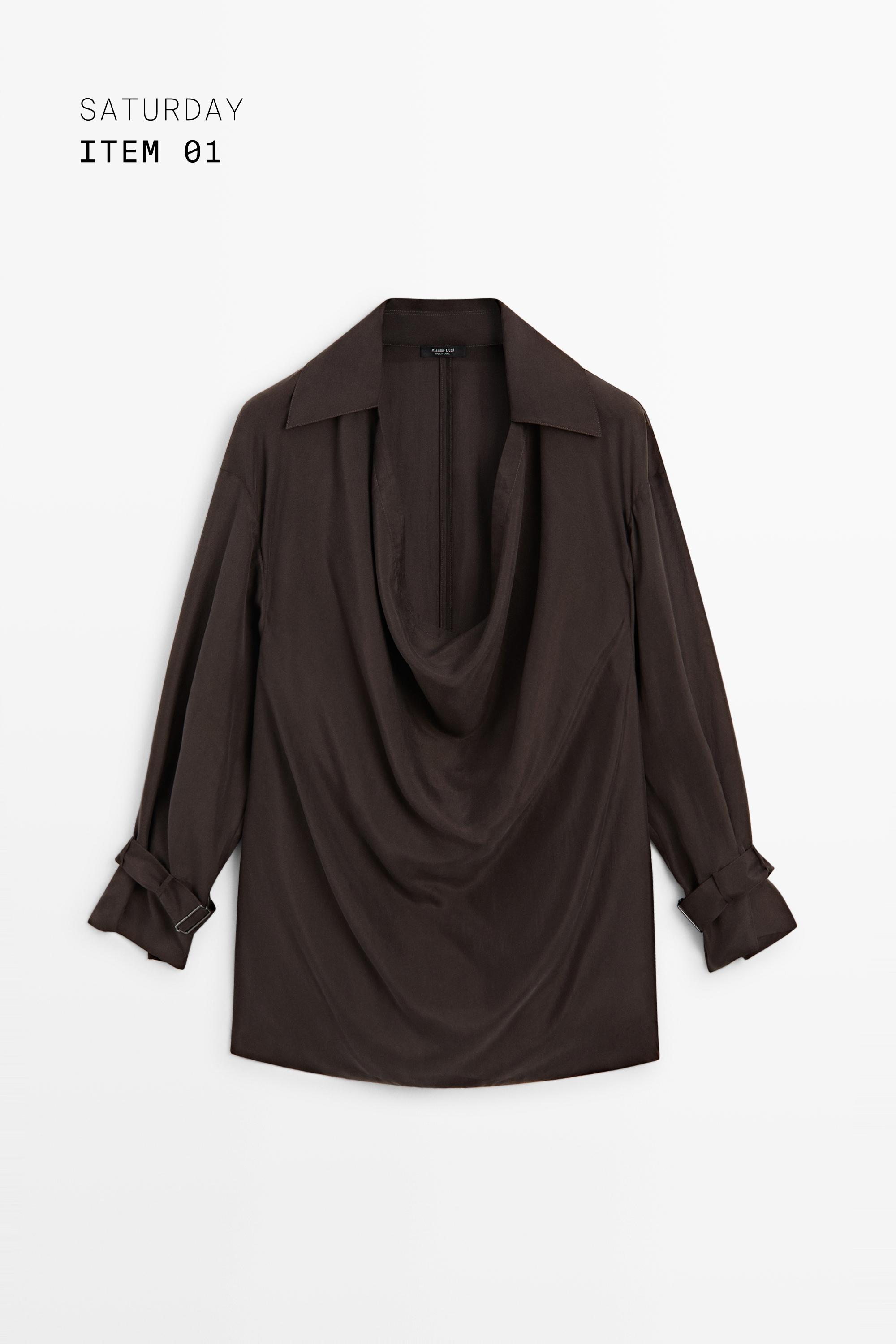 100% Silk Draped Neckline Flowy Shirt — BROWN