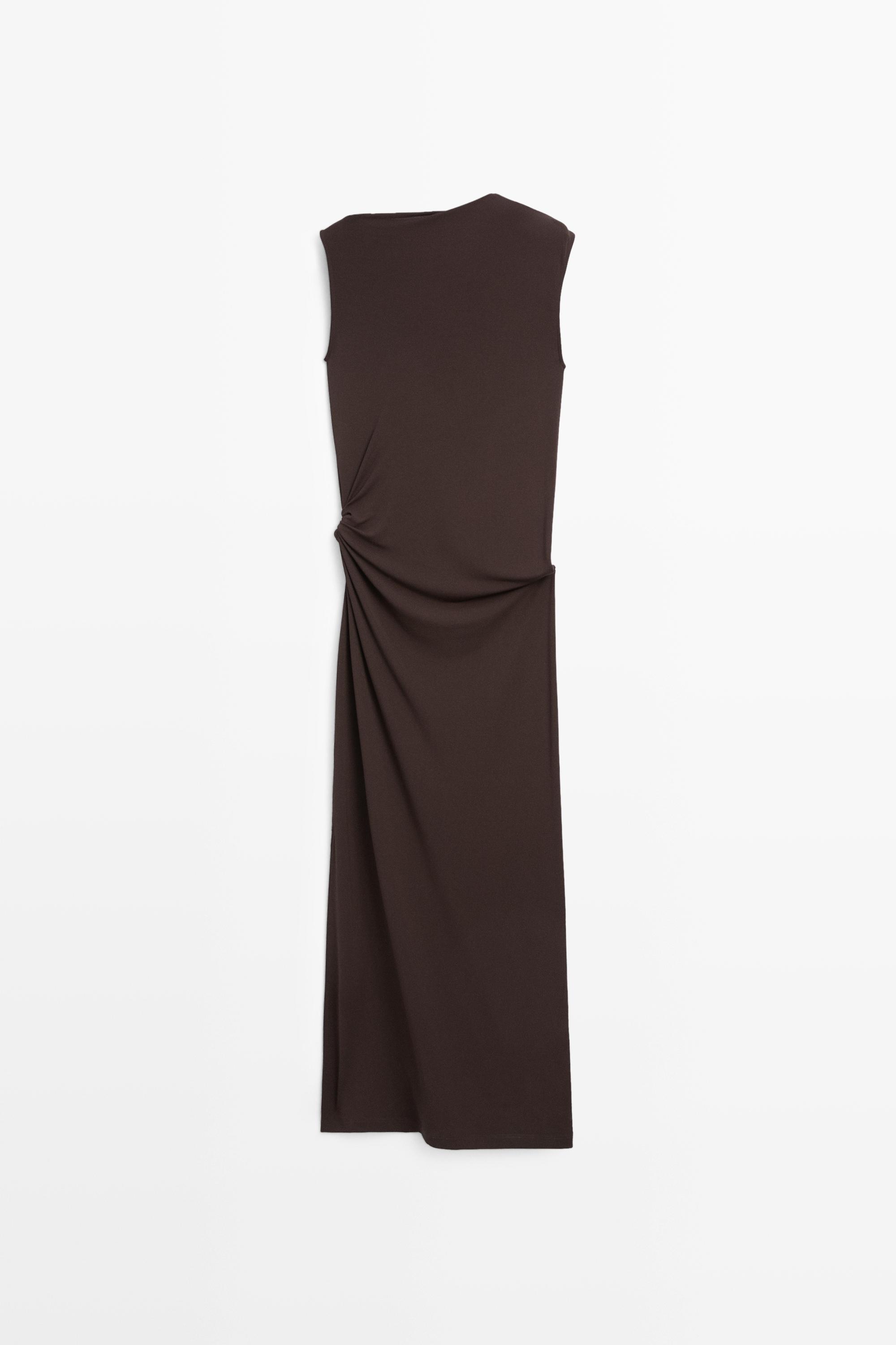 Asymmetric ruched midi dress — BROWN