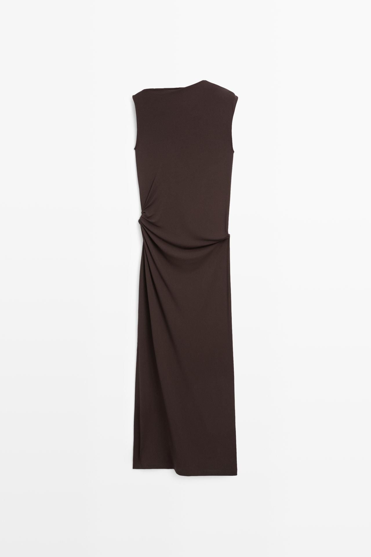Asymmetric ruched midi dress — BROWN