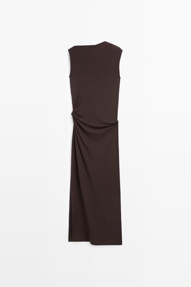Asymmetric ruched midi dress — BROWN 6