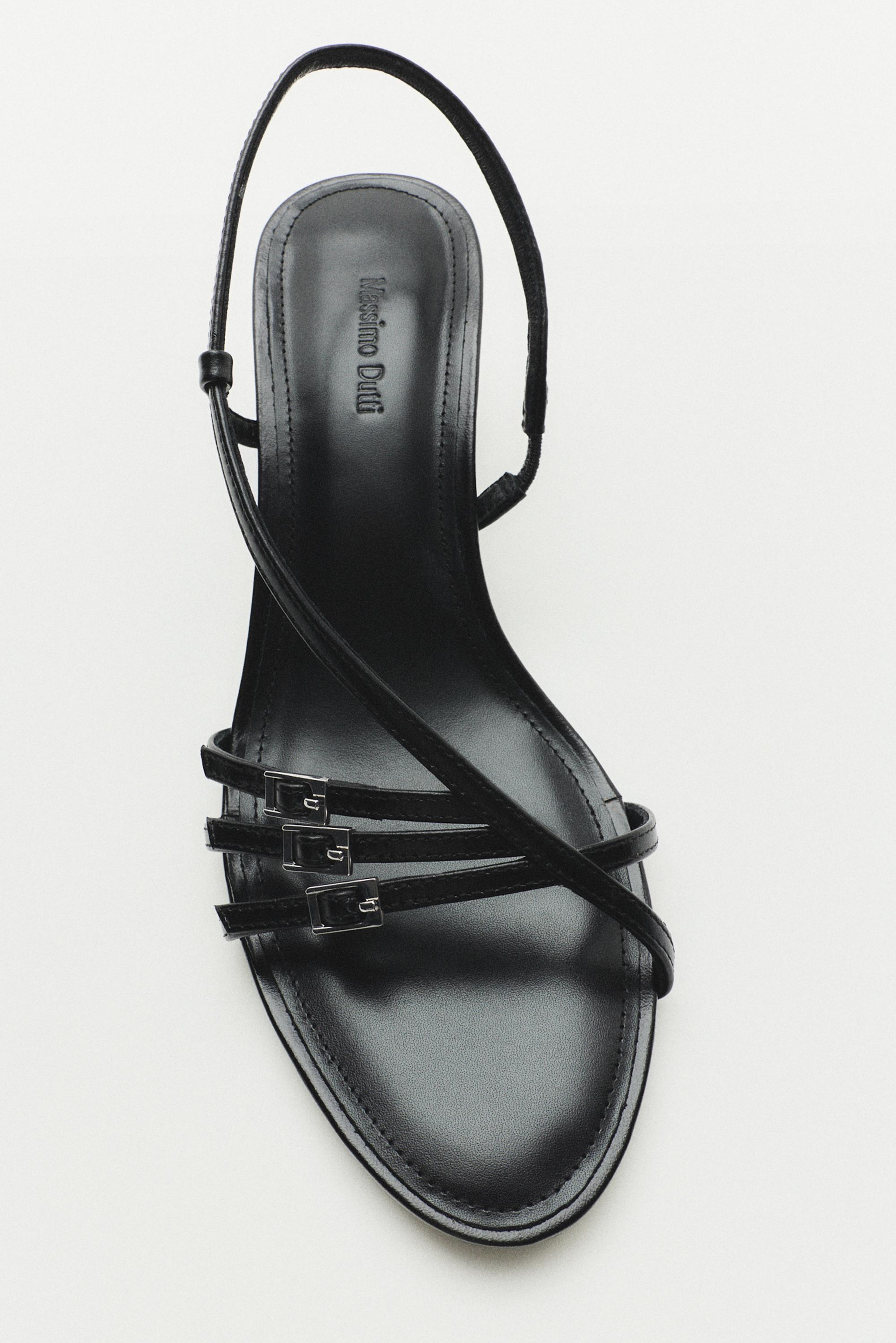 Leather heeled sandals with buckles — BLACK