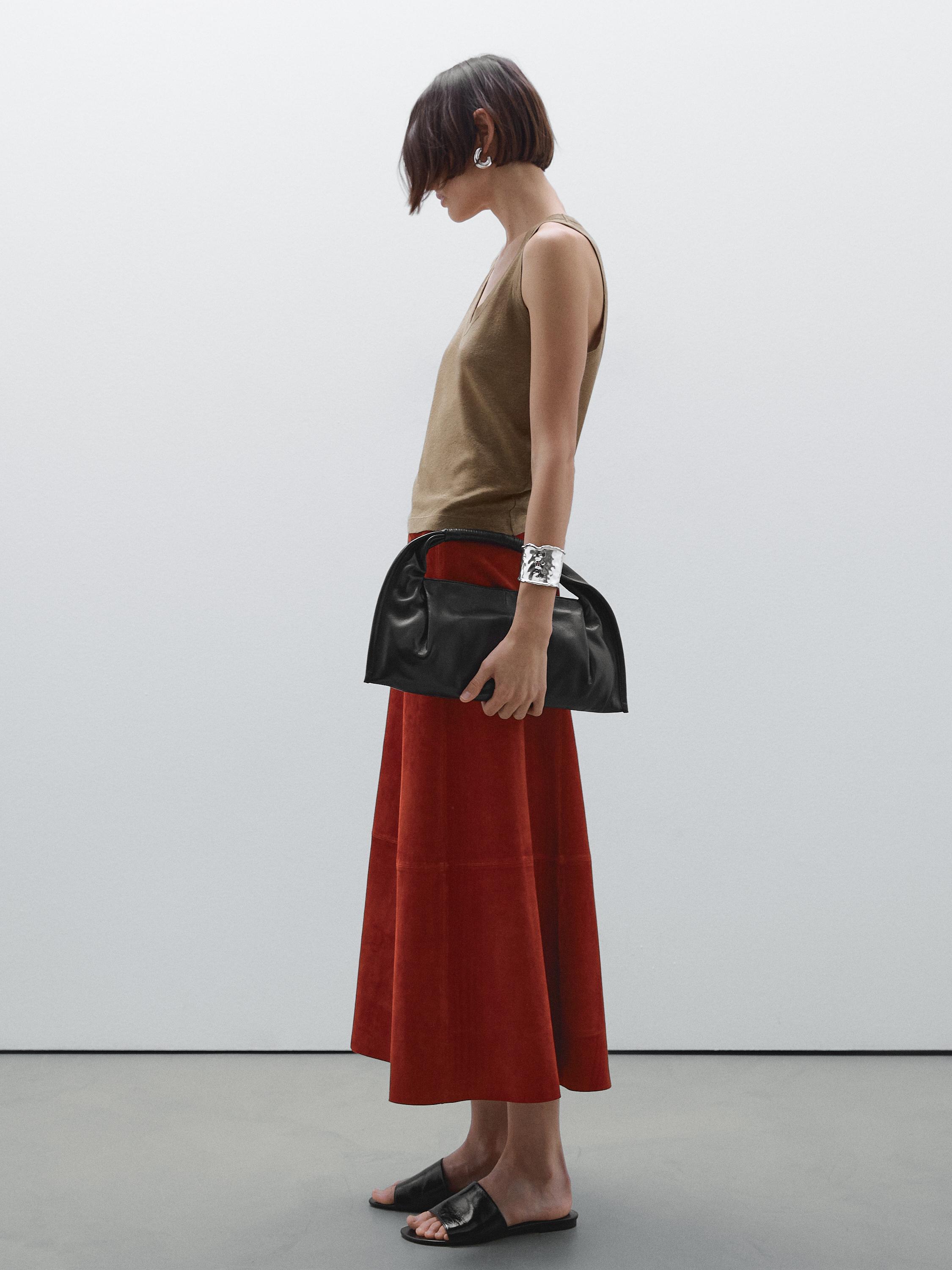 Suede leather flared midi skirt