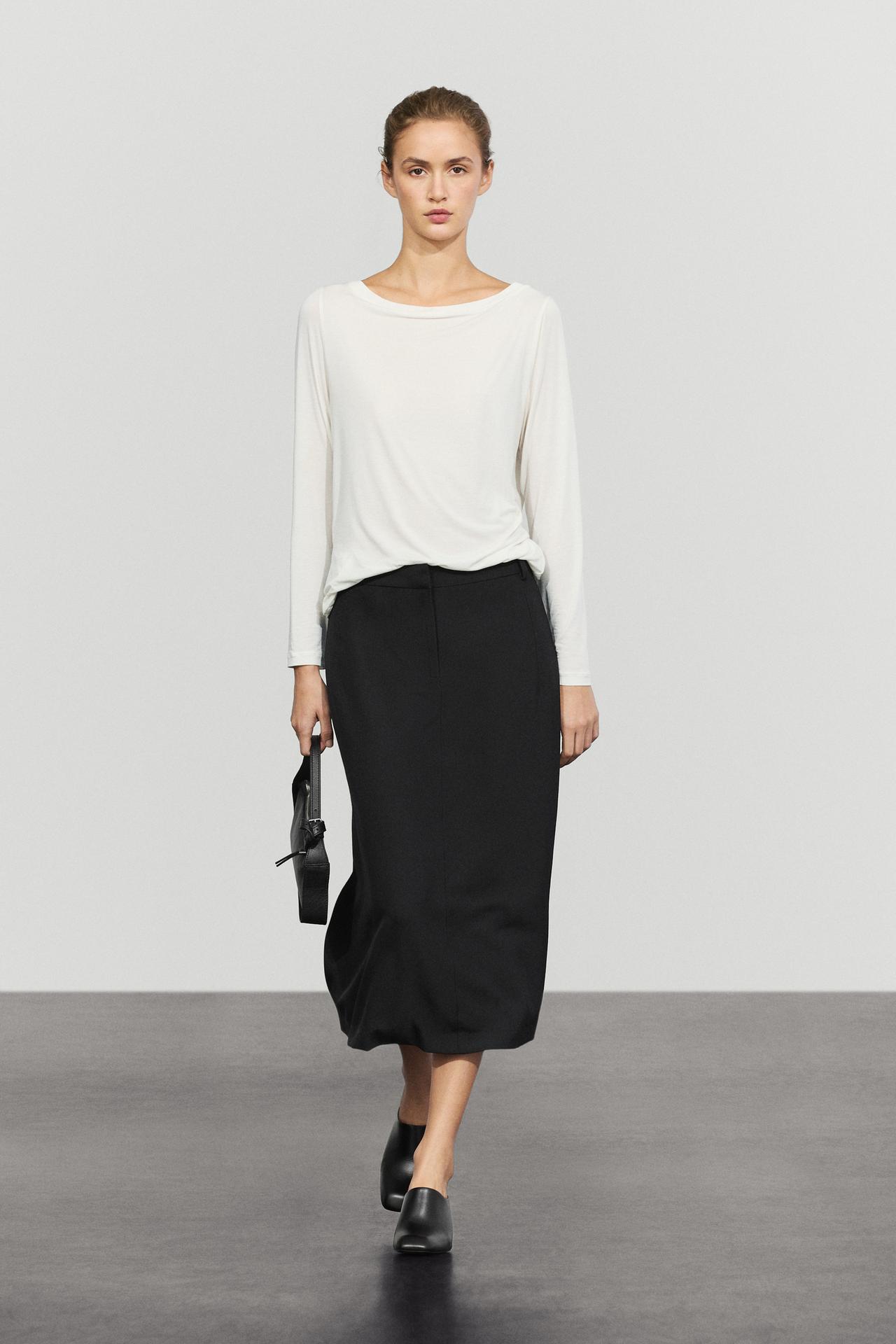 Straight wool blend midi skirt — DARK BLUE
