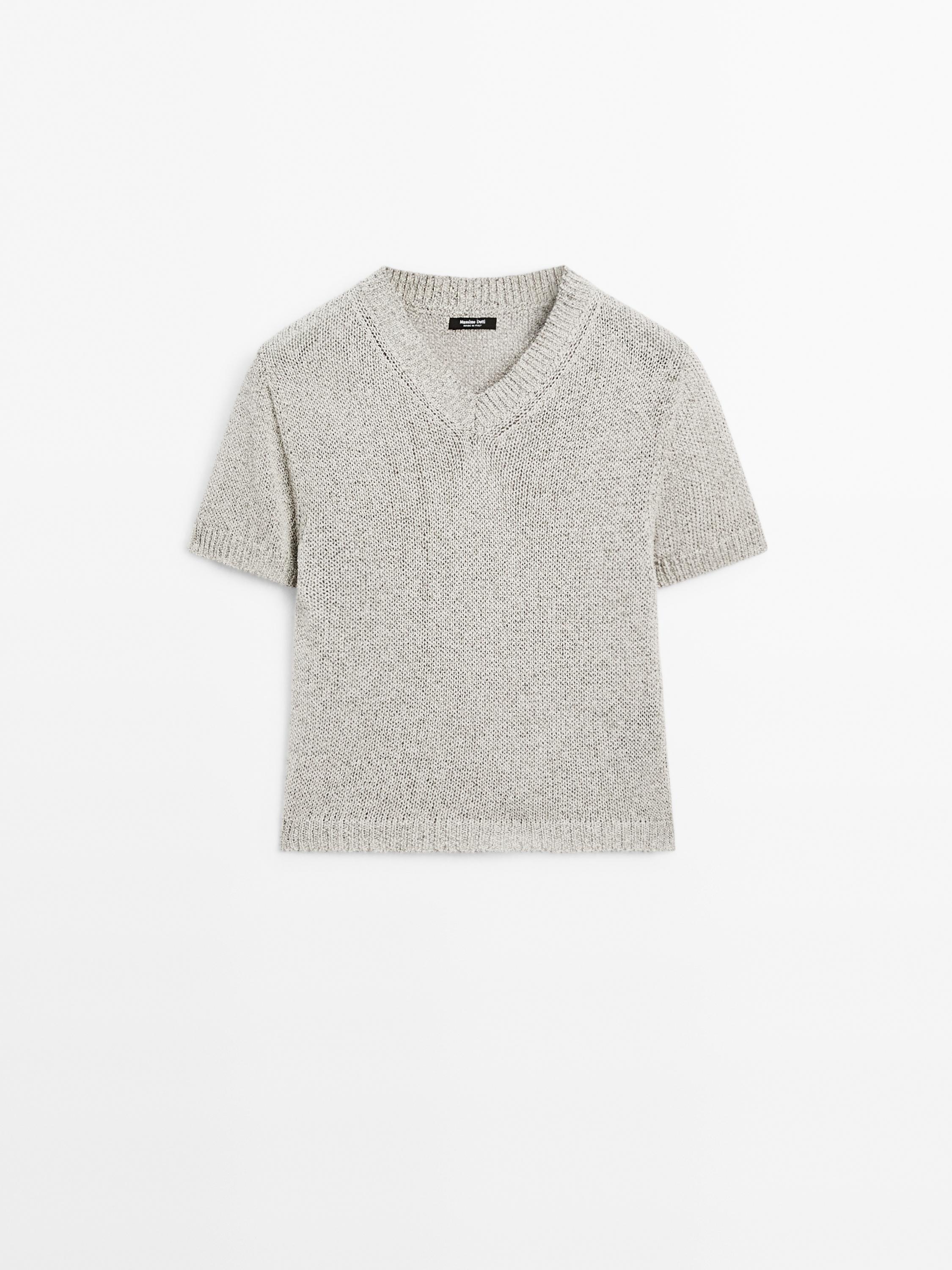 Short sleeve knit cotton blend sweater