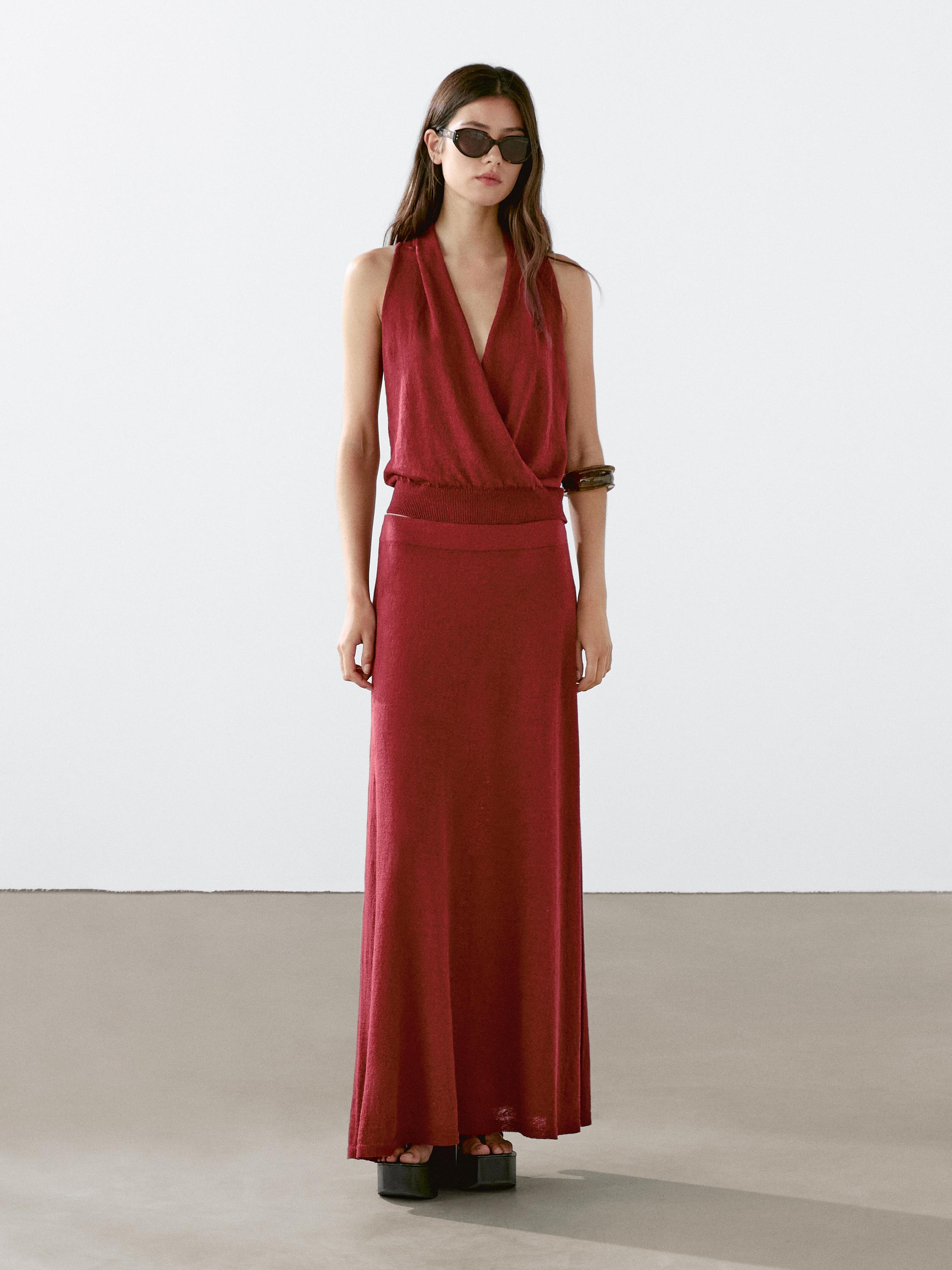 Top halter de malha em mistura de linho