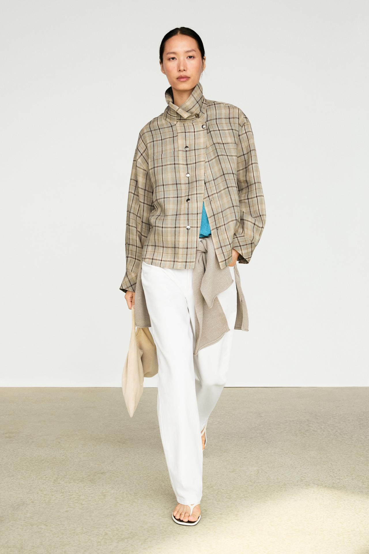 100% linen check snap button shirt — Light blue