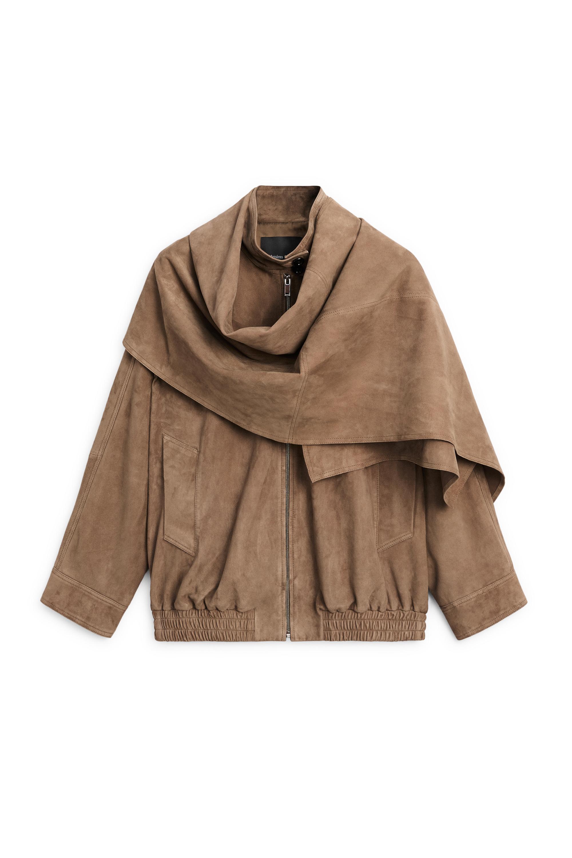 Suede leather bomber jacket with scarf detail — MOLE BROWN