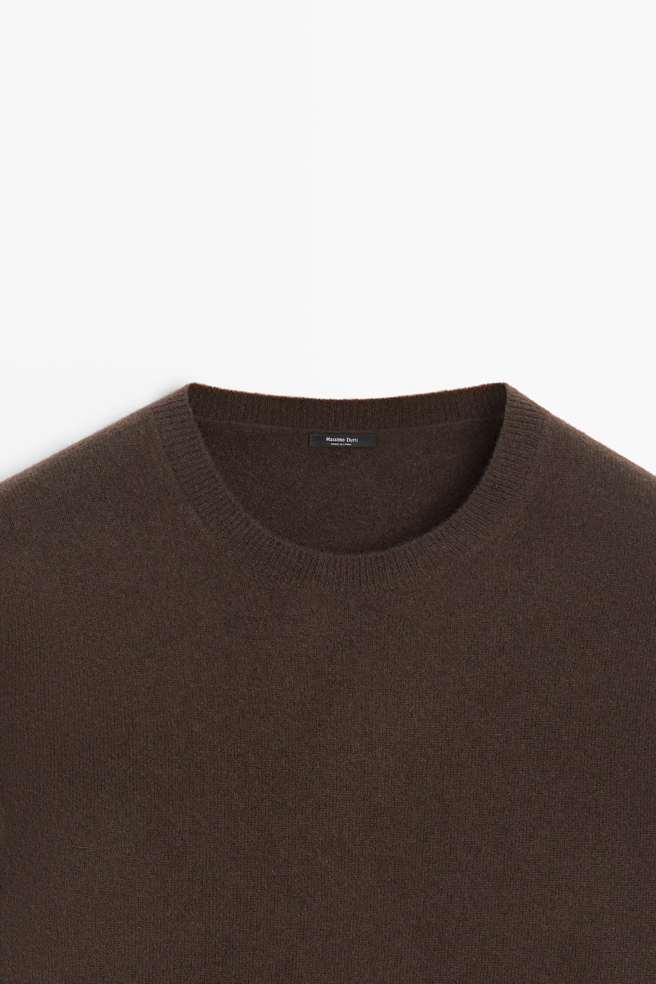 Wool blend crew neck knit sweater — BROWN MARL