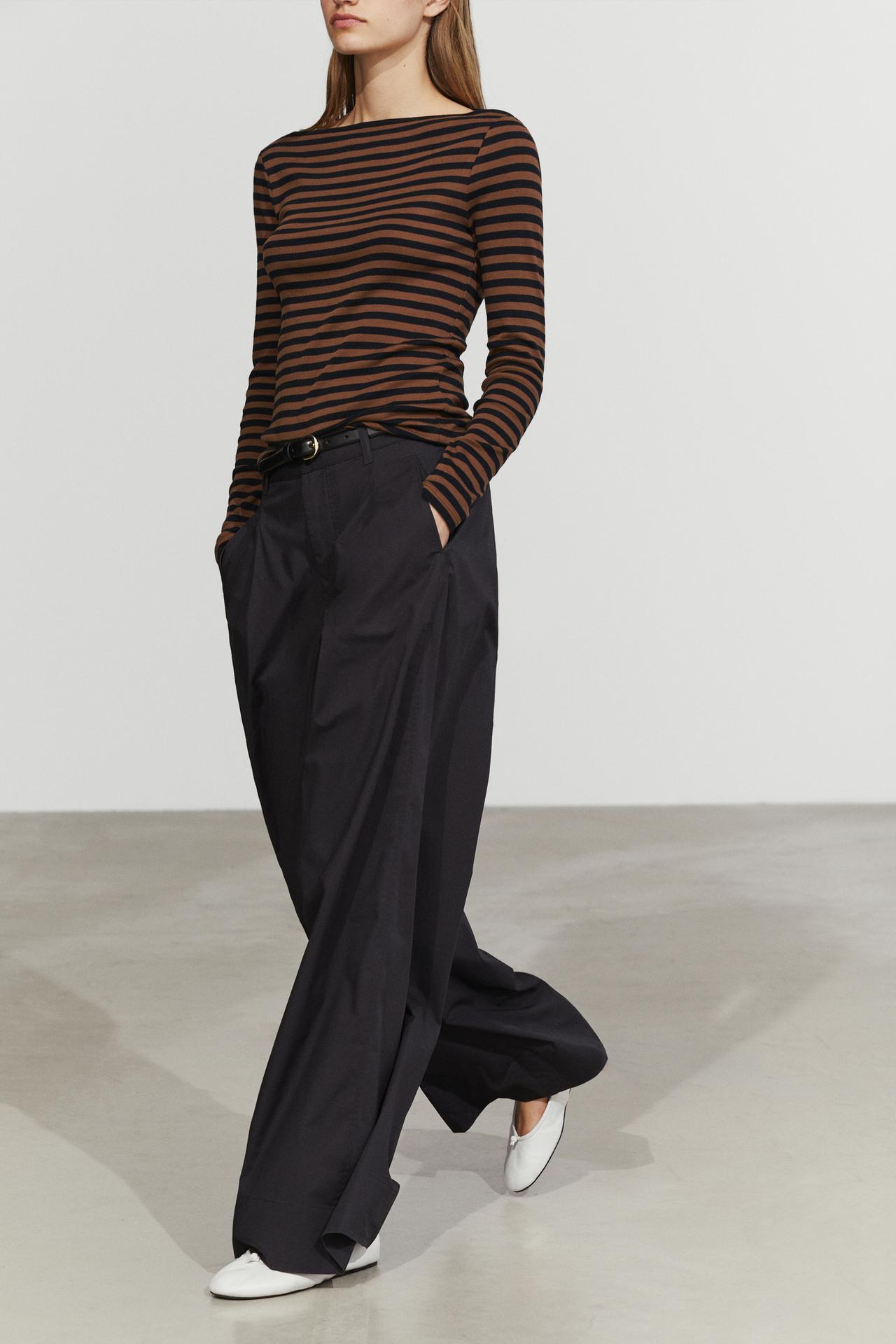 100% cotton striped boat neck T-shirt — MOLE BROWN