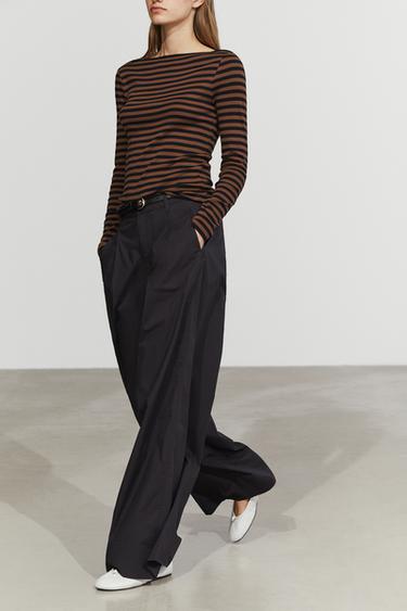 100% cotton striped boat neck T-shirt — MOLE BROWN 5
