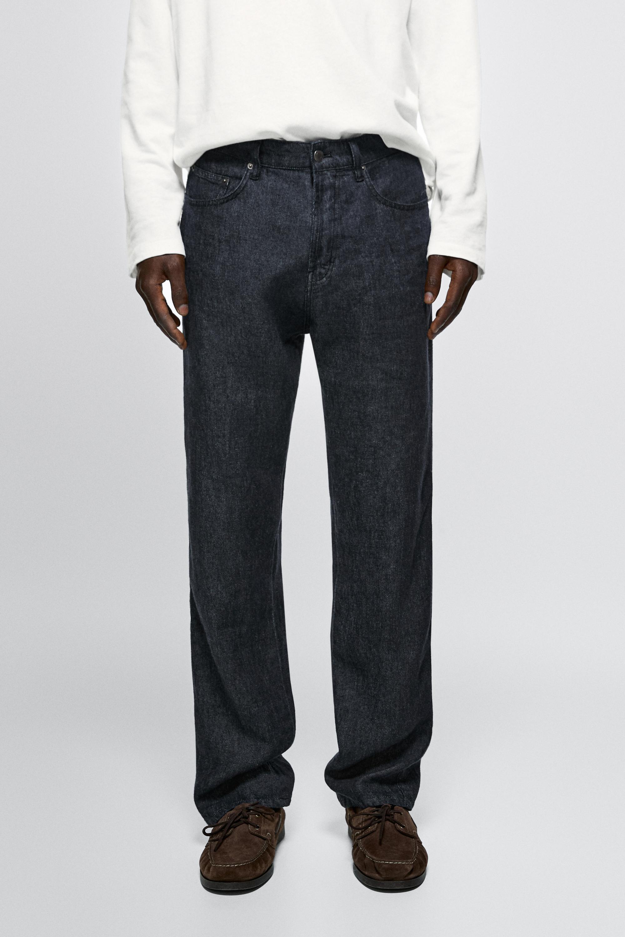 Straight-leg linen denim-effect pants — NAVY BLUE