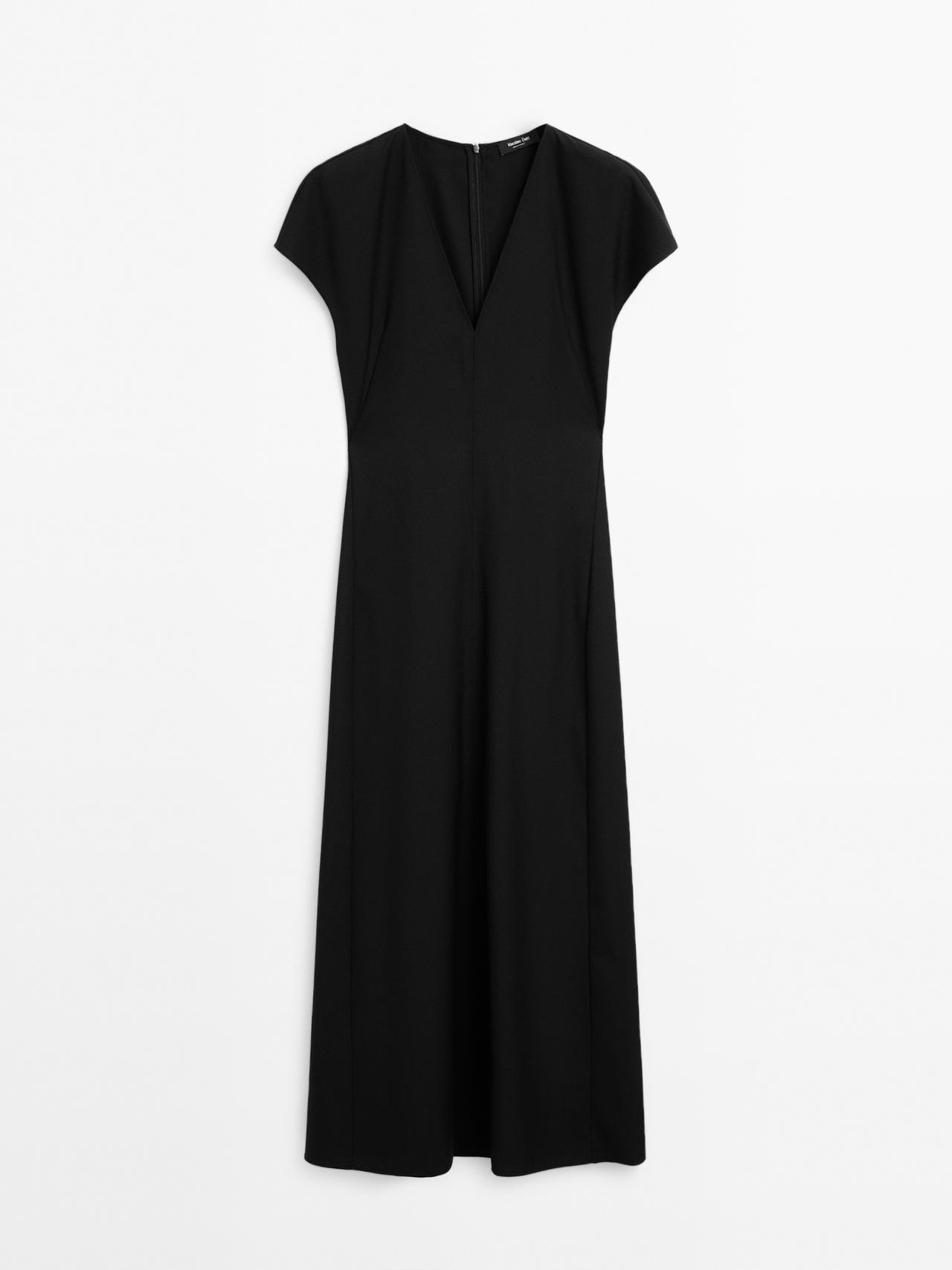 Massimo Dutti - Dame - Lang Kjole I Uldblanding Med V-Udskæring - Sort - 38