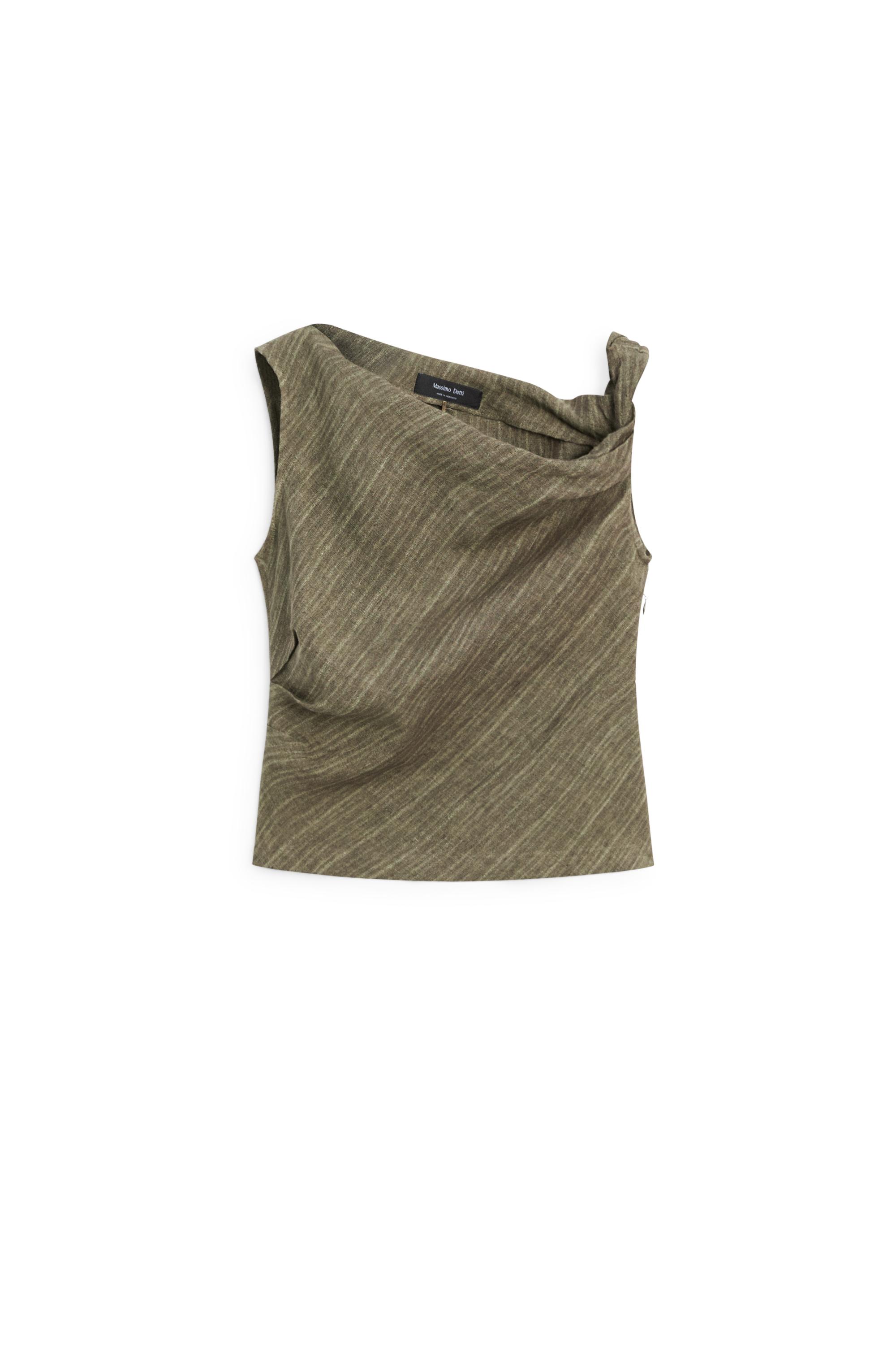 Total look 100% linen asymmetric top — DARK KHAKI
