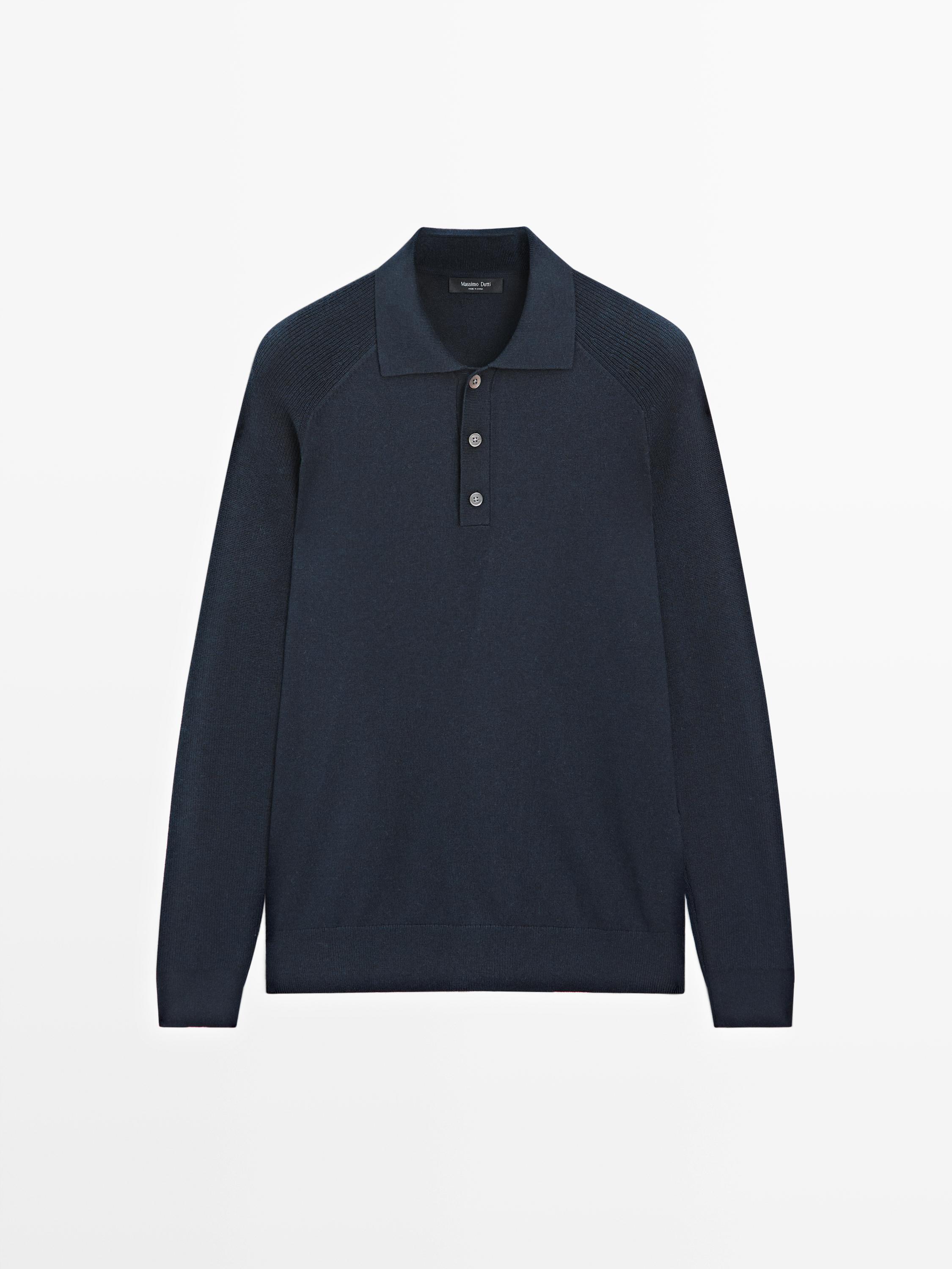 Cotton blend knit polo sweater — NAVY BLUE