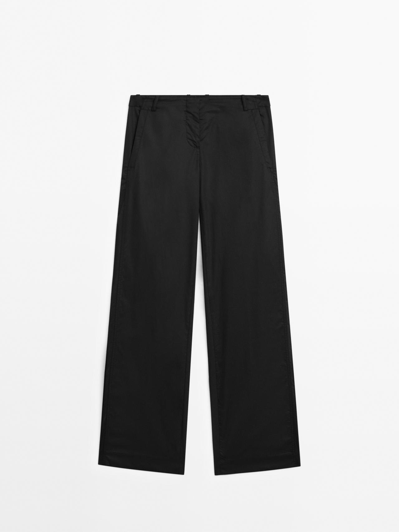 Massimo Dutti - Dames - Katoenen Broek Met Halfhoge Taille In Recht Model - Zwart - 40