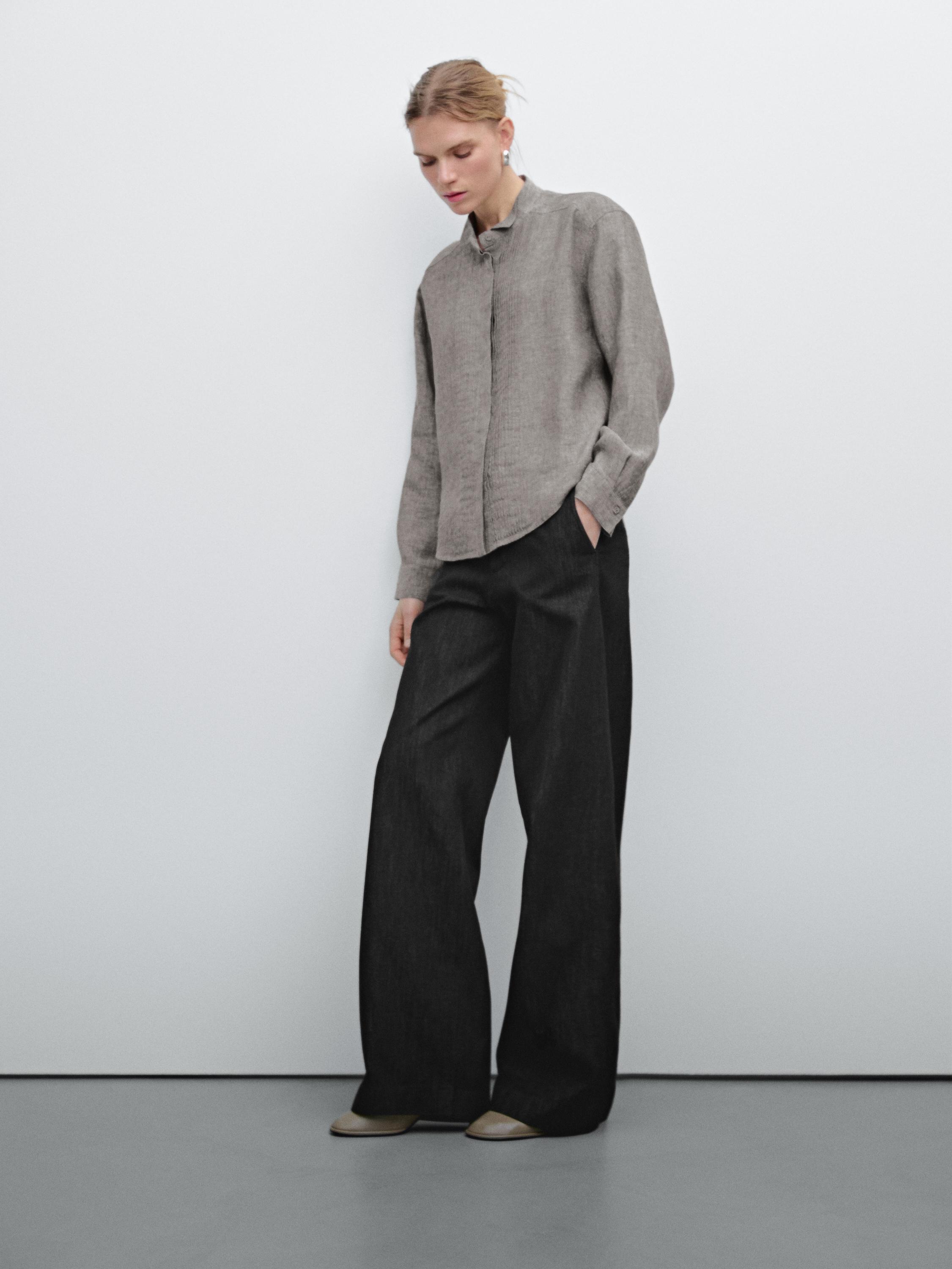 قميص كتان 100% بثنيات تزيينية