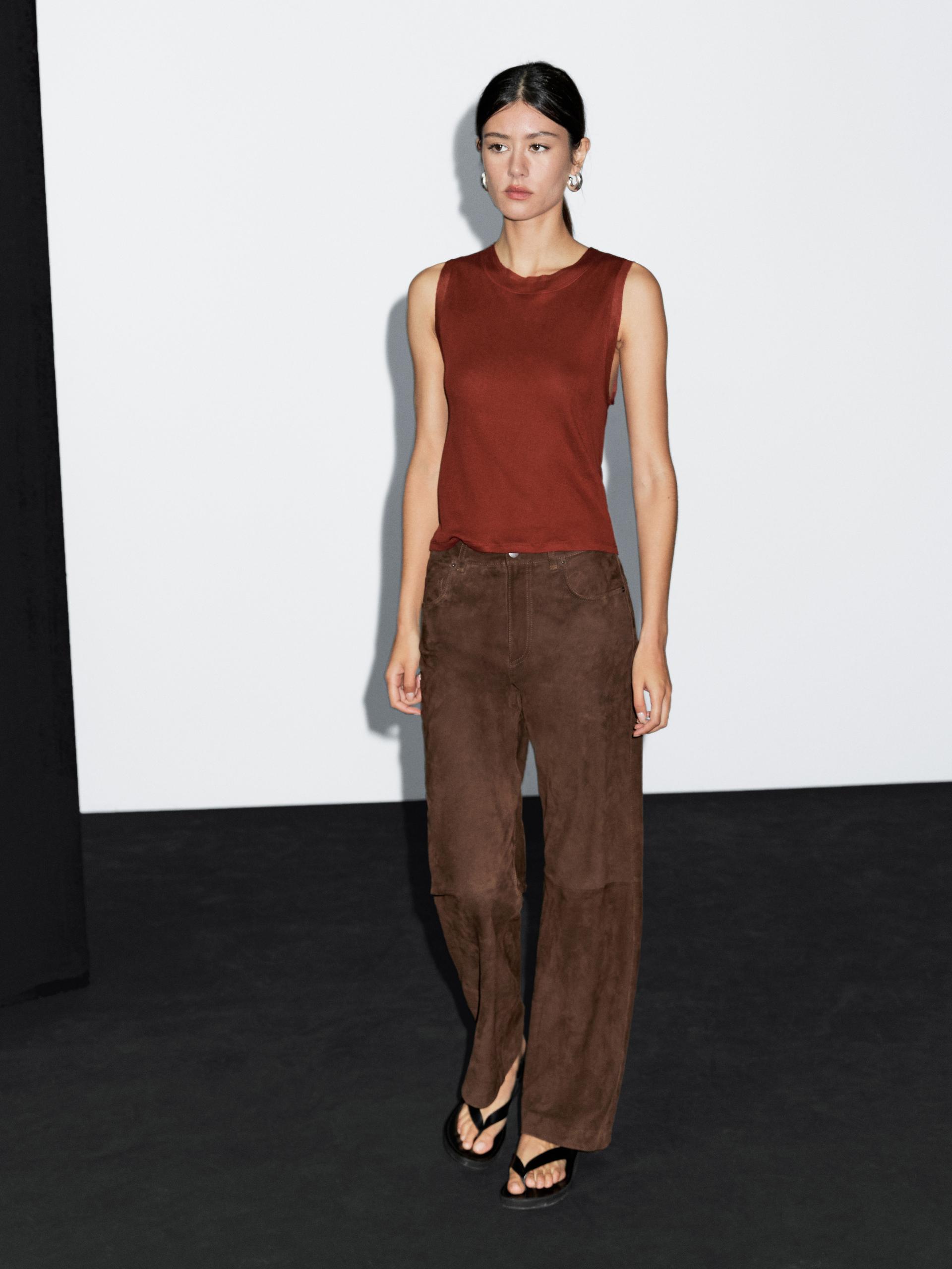 Koszulka Bez Rękawów Z Podwójnym Obszyciem - Ognista Pomarańcza - Xl - Massimo Dutti - Kobieta