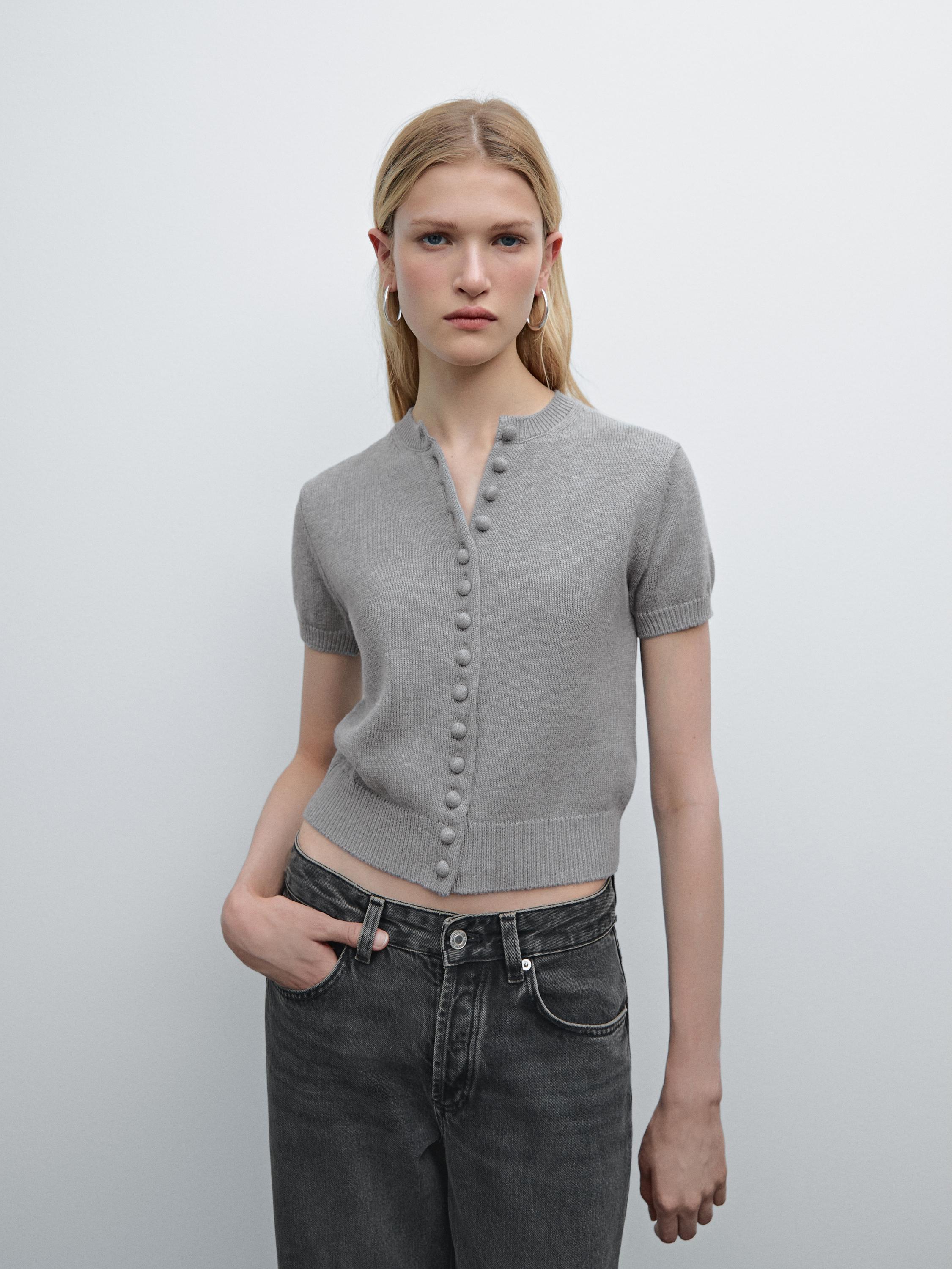 Wool blend knit cardigan with covered buttons